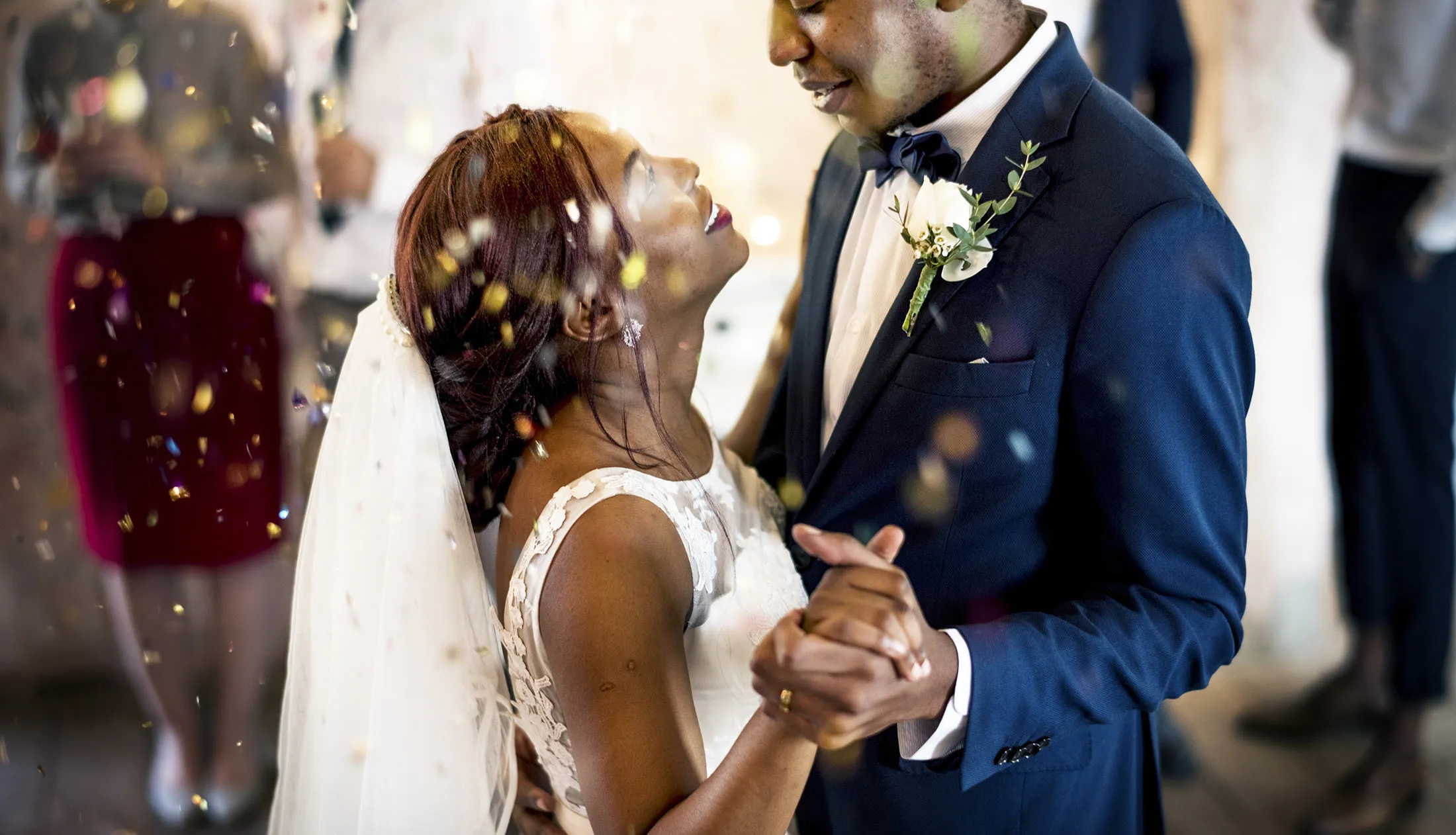 Newlywed African Descent Couple Dancing Wedding Celebration