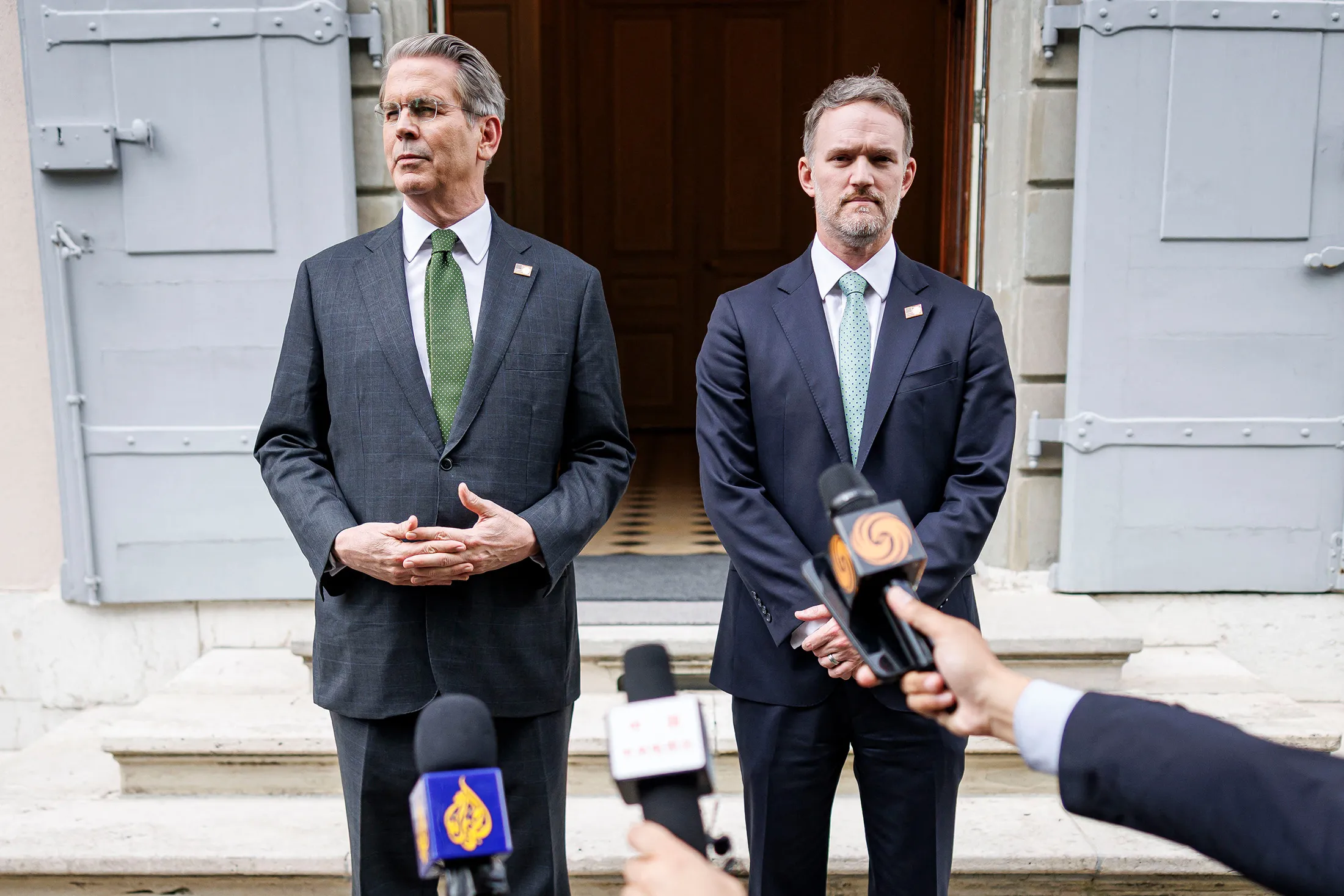 Scott Bessent, left, and Jamieson Greer after talks between US and Chinese officials in Geneva on May 11.