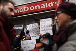 Protesters with NYC Fight for $15 gather in front of a McDonalds&nbsp;on Feb. 13, in New York City.