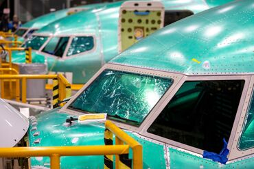 Boeing airplanes at the company's manufacturing facility in Renton, Washington, US.