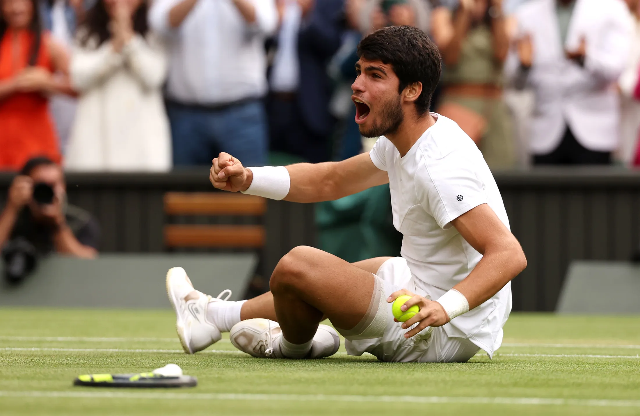 Carlos Alcaraz celebrates winning the Championships Wimbledon 2023 at All England Lawn Tennis and Croquet Club in London, UK, on July 16.