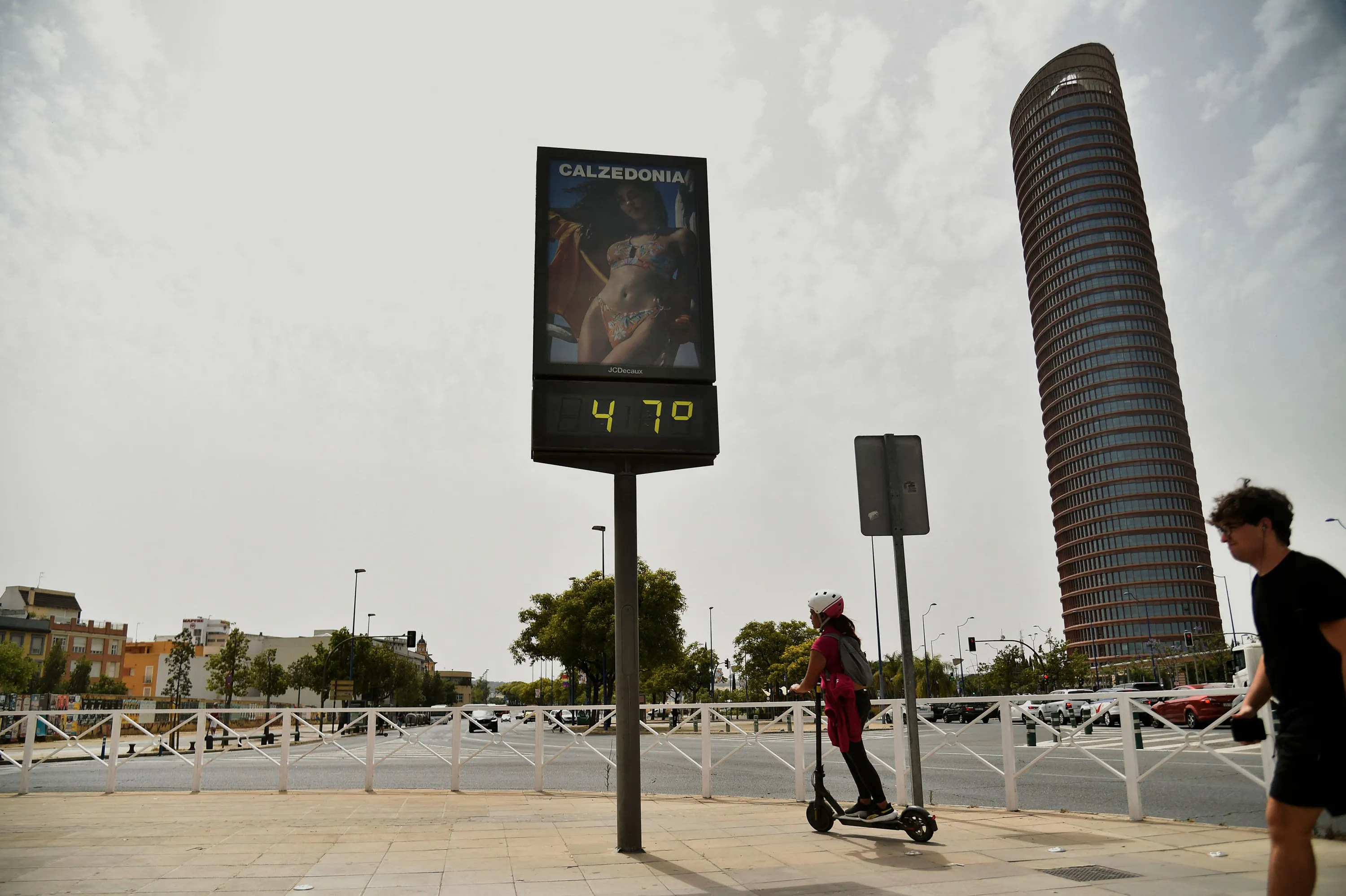 A street thermometer reads 47 degrees Celsius during a heatwave in Seville, Spain, on June 13.