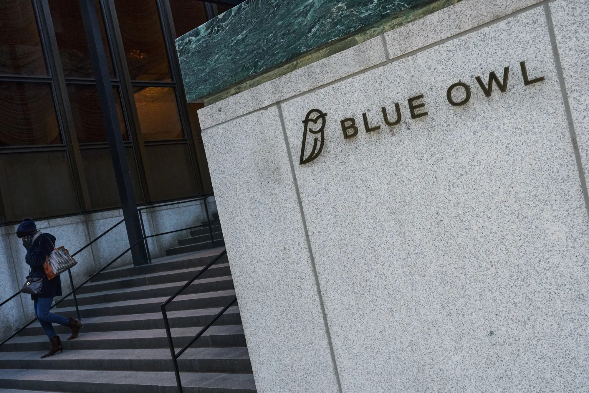 Blue Owl signage outside the Seagram Building at 375 Park Avenue in&nbsp;New York.