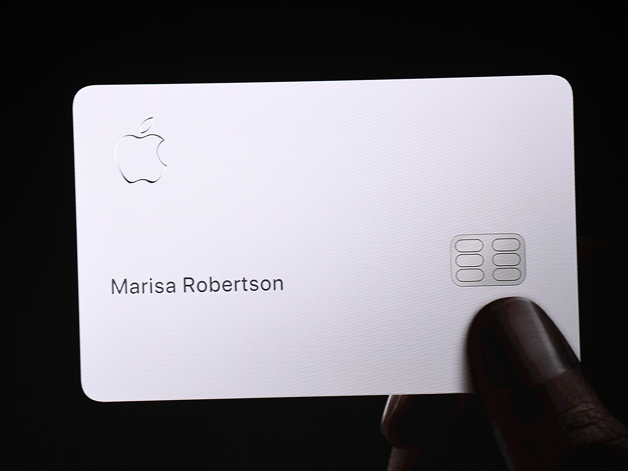 Apple card displayed on screen during an event in Cupertino, California on March 25.