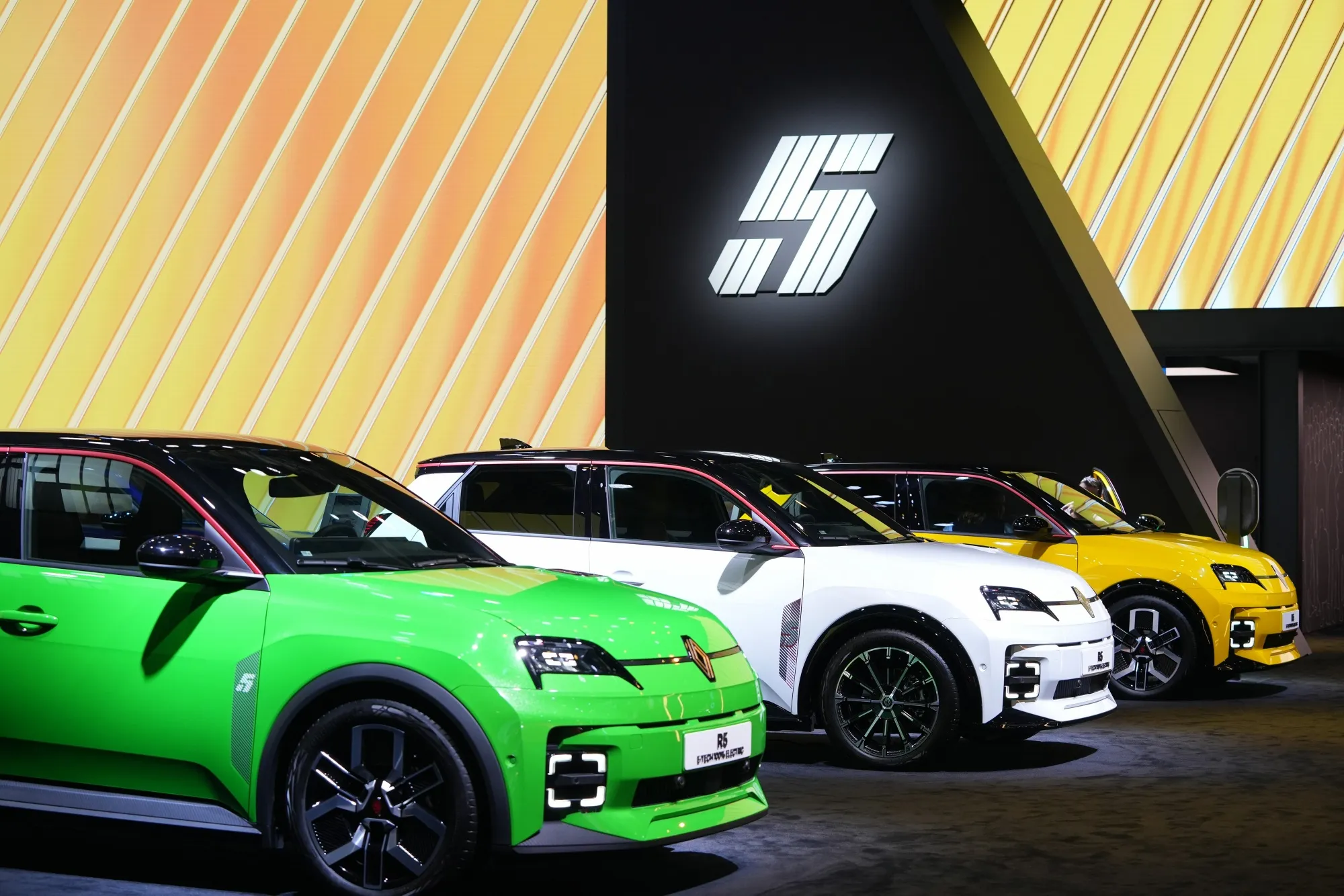 R5 E-Tech electric vehicles displayed at the Paris Motor Show in Paris.