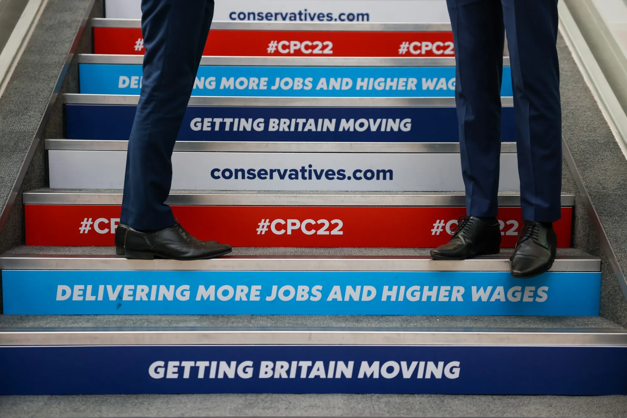 Slogans on a set of stairs during the Conservative Party's annual autumn conference 2022.&nbsp;