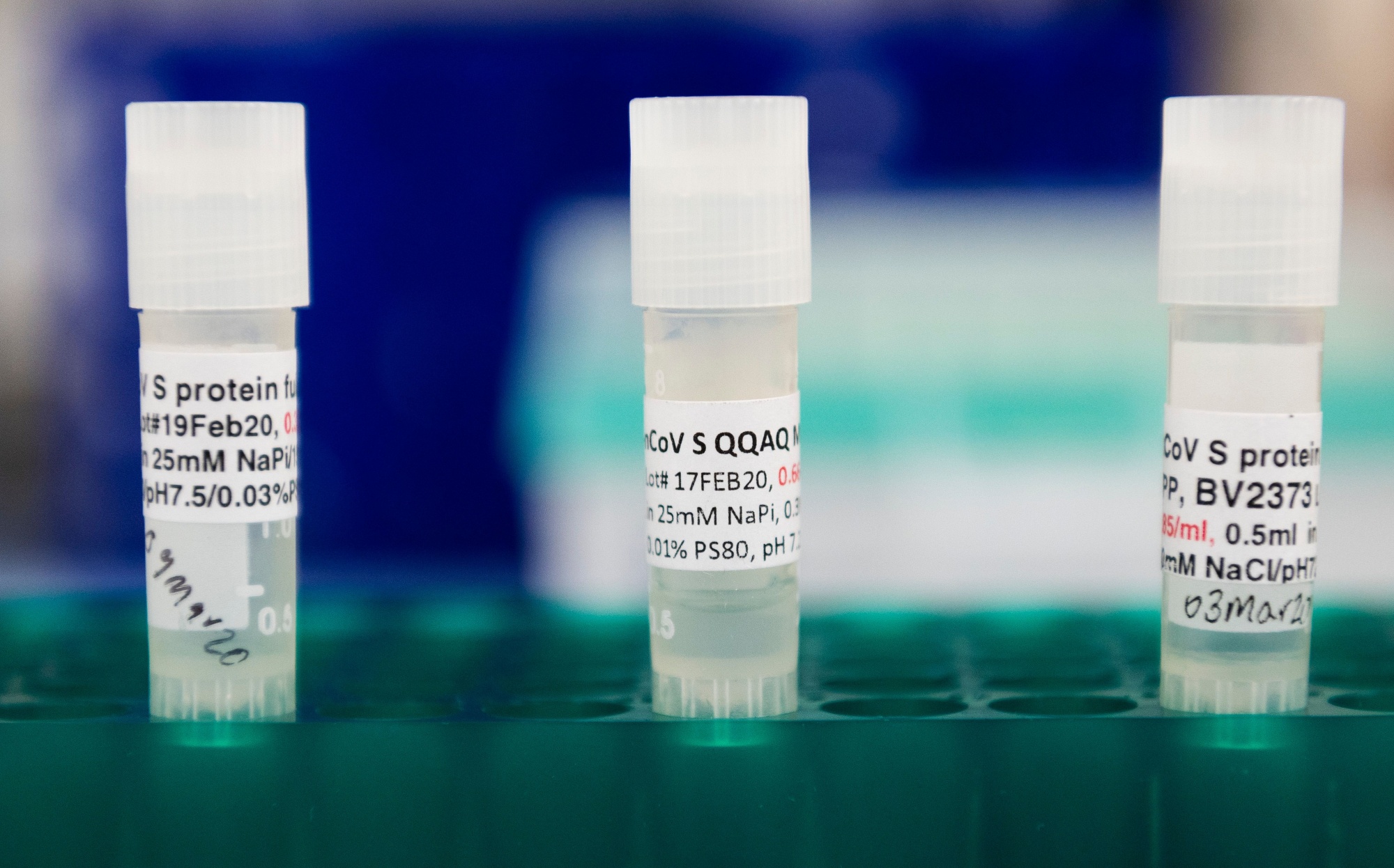Three potential&nbsp;Covid-19 vaccines are seen at Novavax labs in Rockville, Maryland, on March 20.