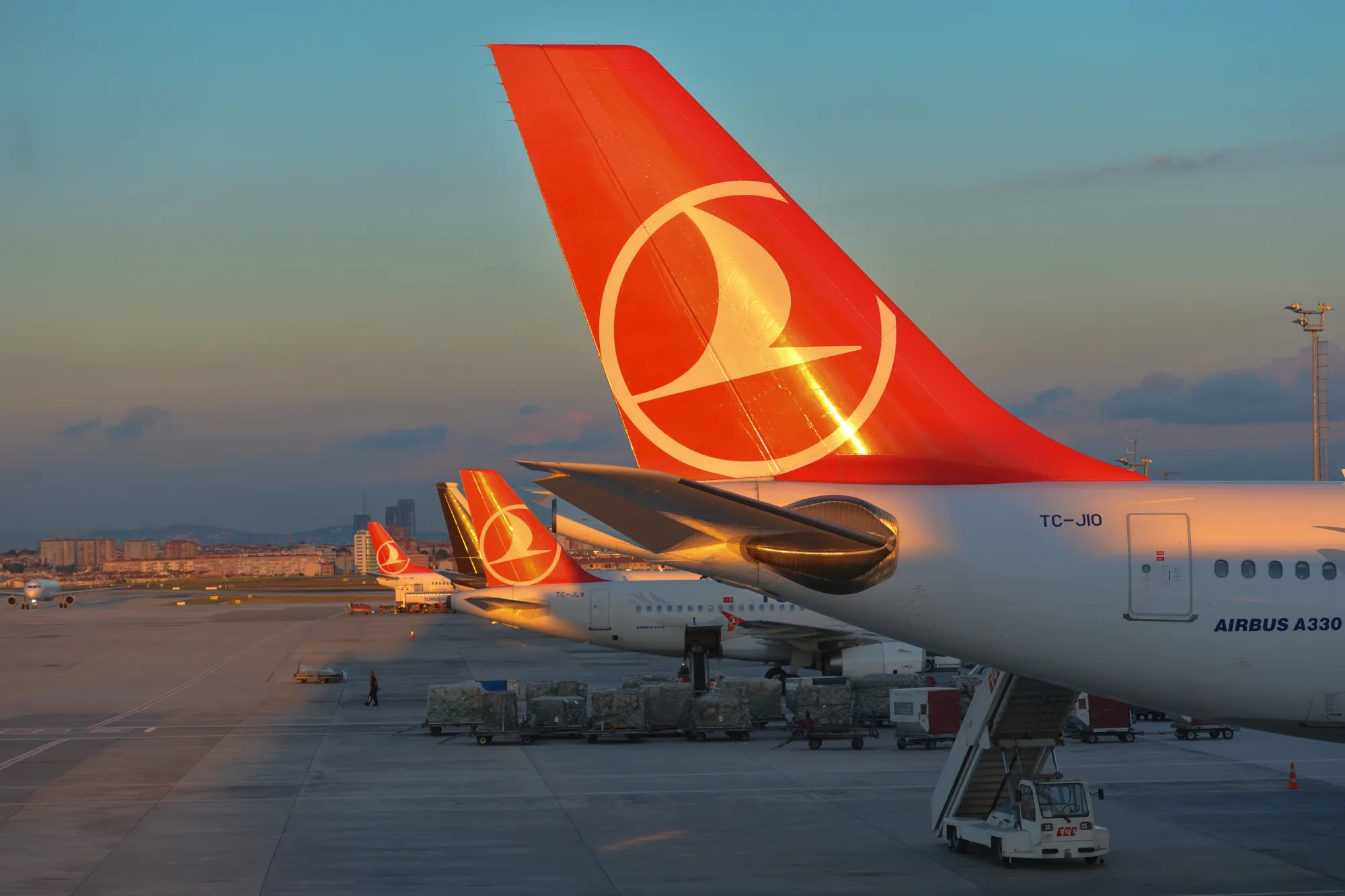 A Turkish Airlines fleet at Istanbul Ataturk Airport in Istanbul, Turkey.