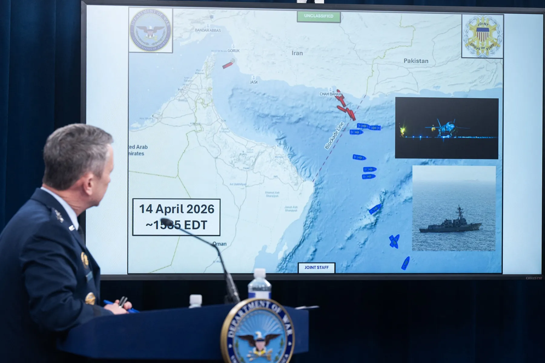 Chairman of the Joint Chiefs of Staff General Dan Caine speaks as a map of the Strait of Hormuz is displayed during a briefing at the Pentagon in Washington on April 16.