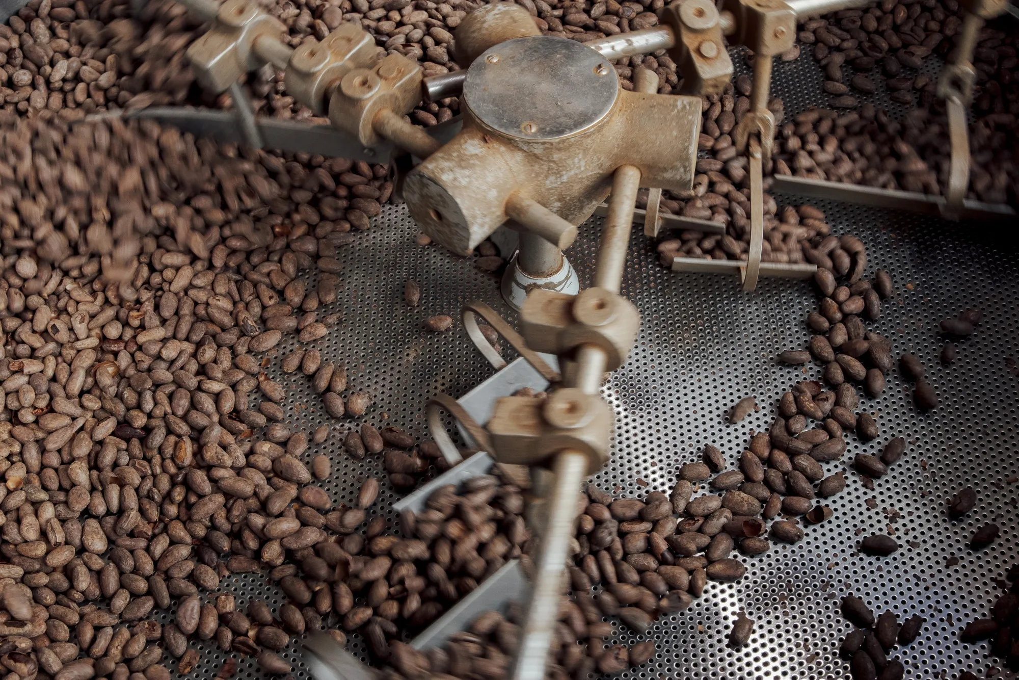 Cocoa beans in a roasting machine at a chocolate factory in Paris.
