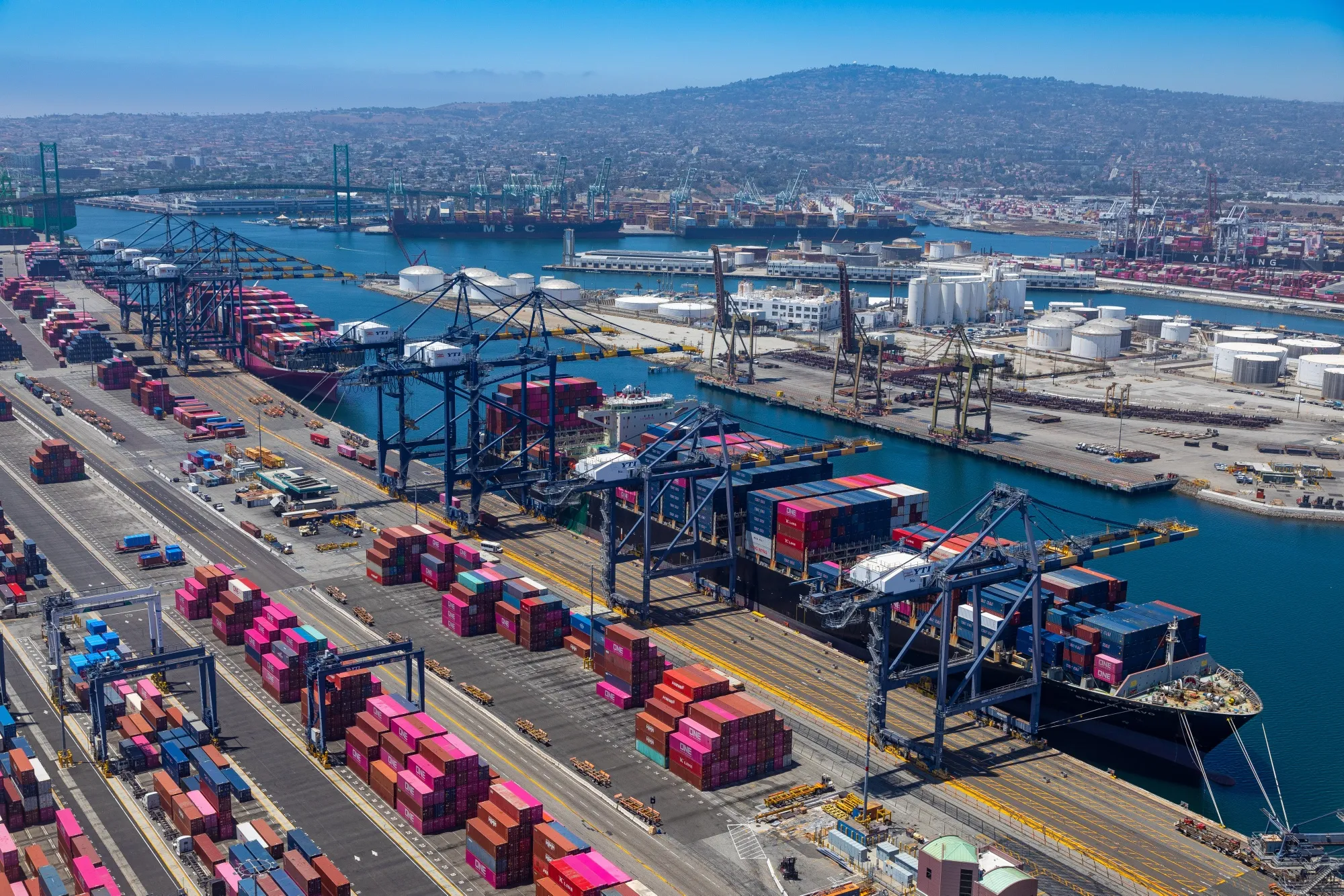 Container ships at the Port of Los Angeles in Los Angeles, California.