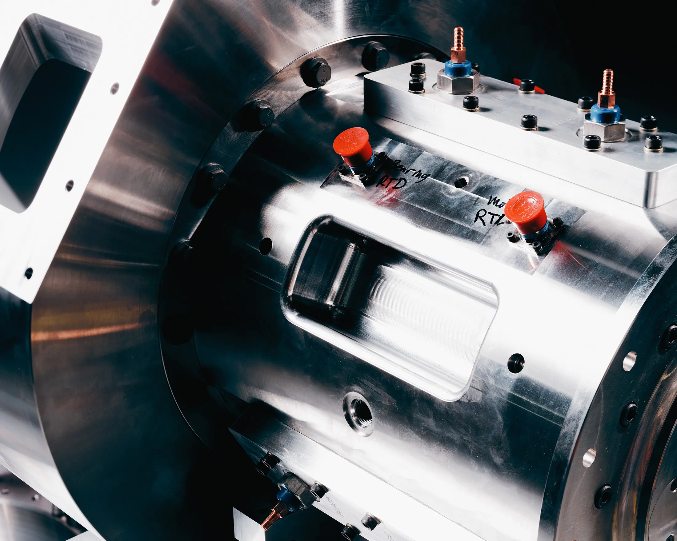 Machined steel for an industrial steam heat pump boiler.