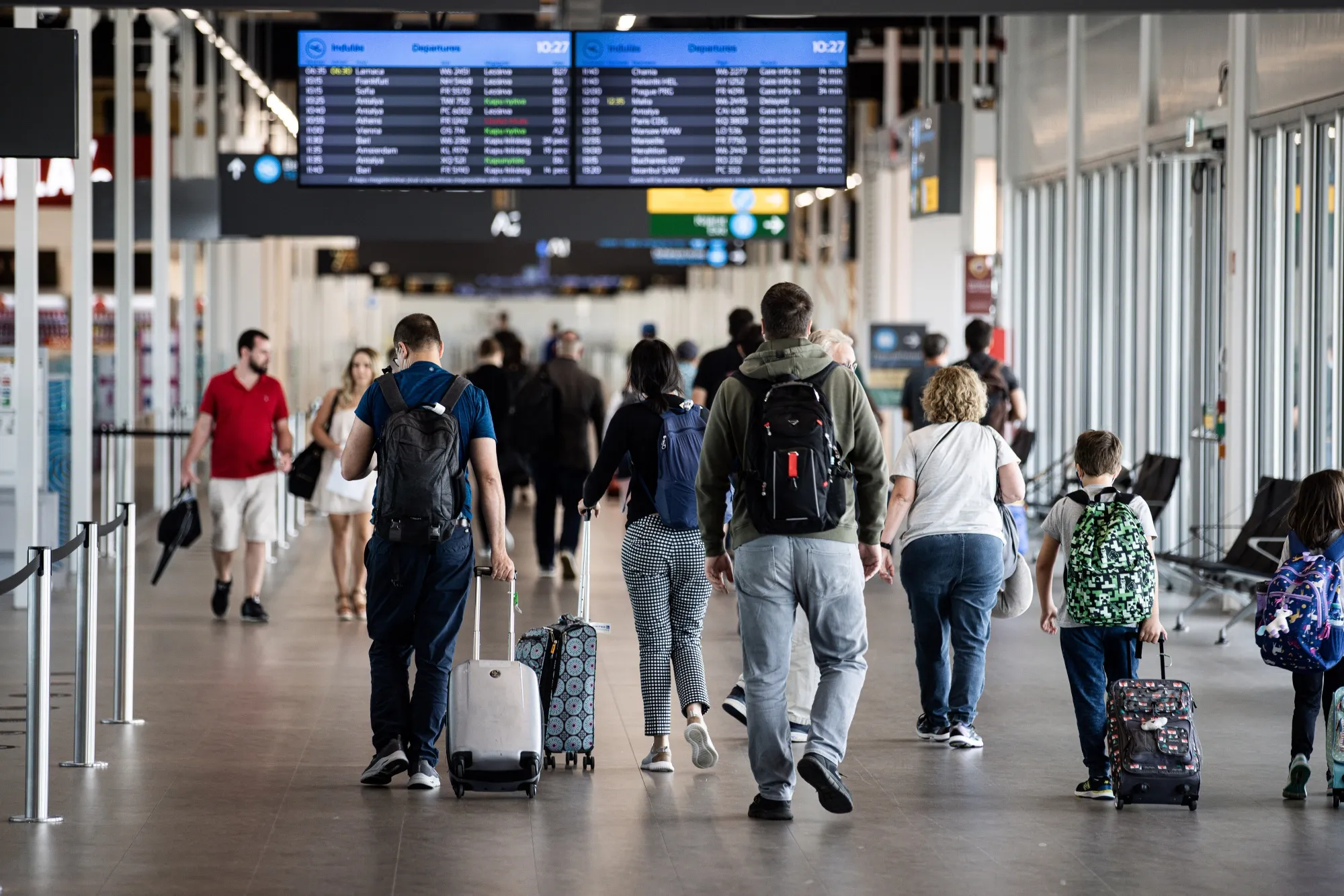 Passengers in the departures hall at Budapest Ferenc Liszt International Airport in Budapest, Hungary.