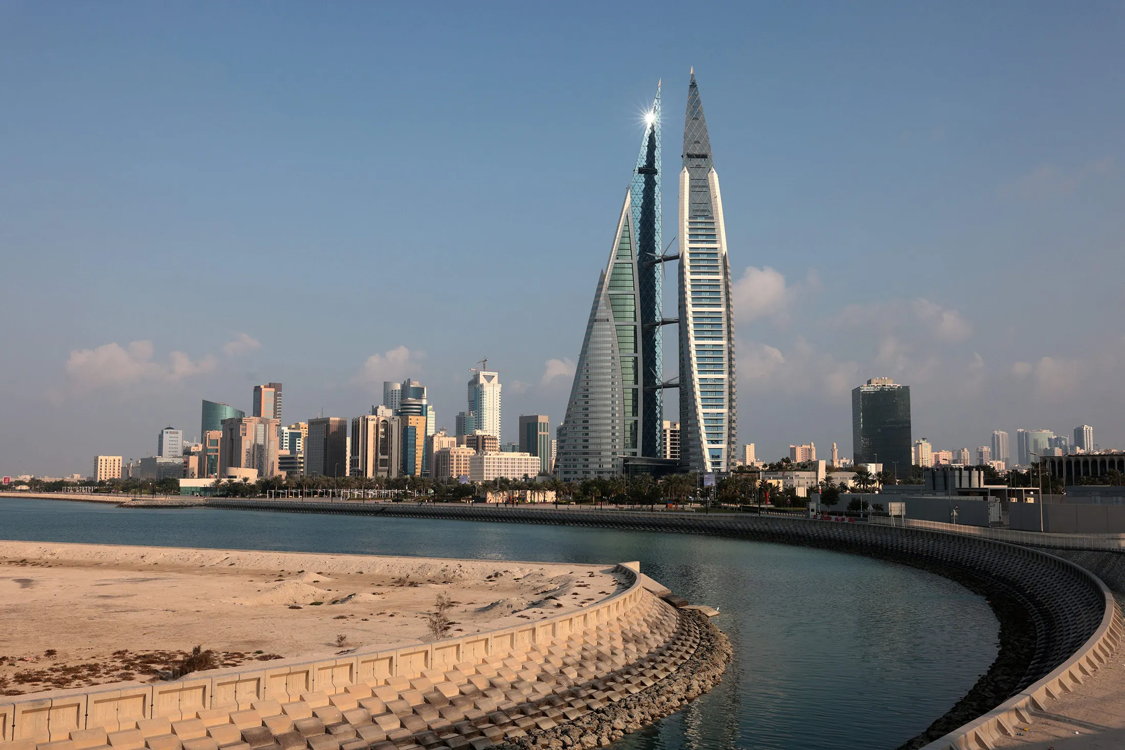The World Trade Centre and the skyline of the Bahraini capital Manama.