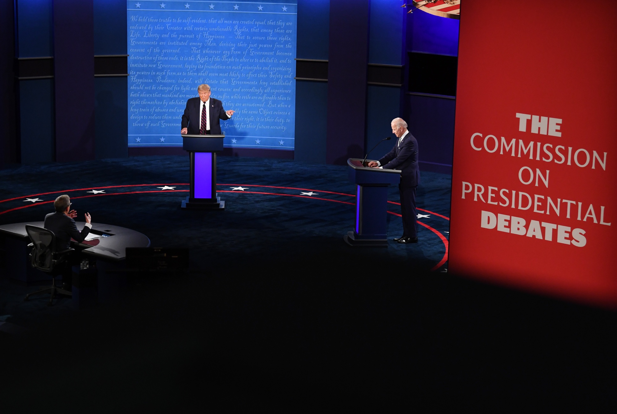 Donald Trump, left, and Joe Biden take part in the first U.S. presidential debate, in Cleveland, Ohio, U.S., on Sept. 29.