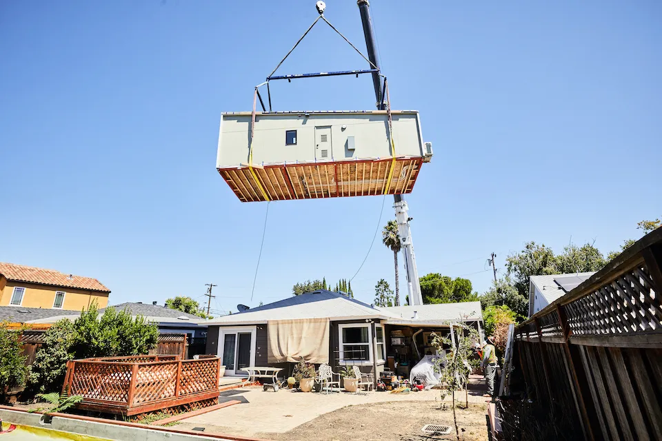 
Backyard apartments by Abodu arrive by delivery to be assembled on site in San Jose.
