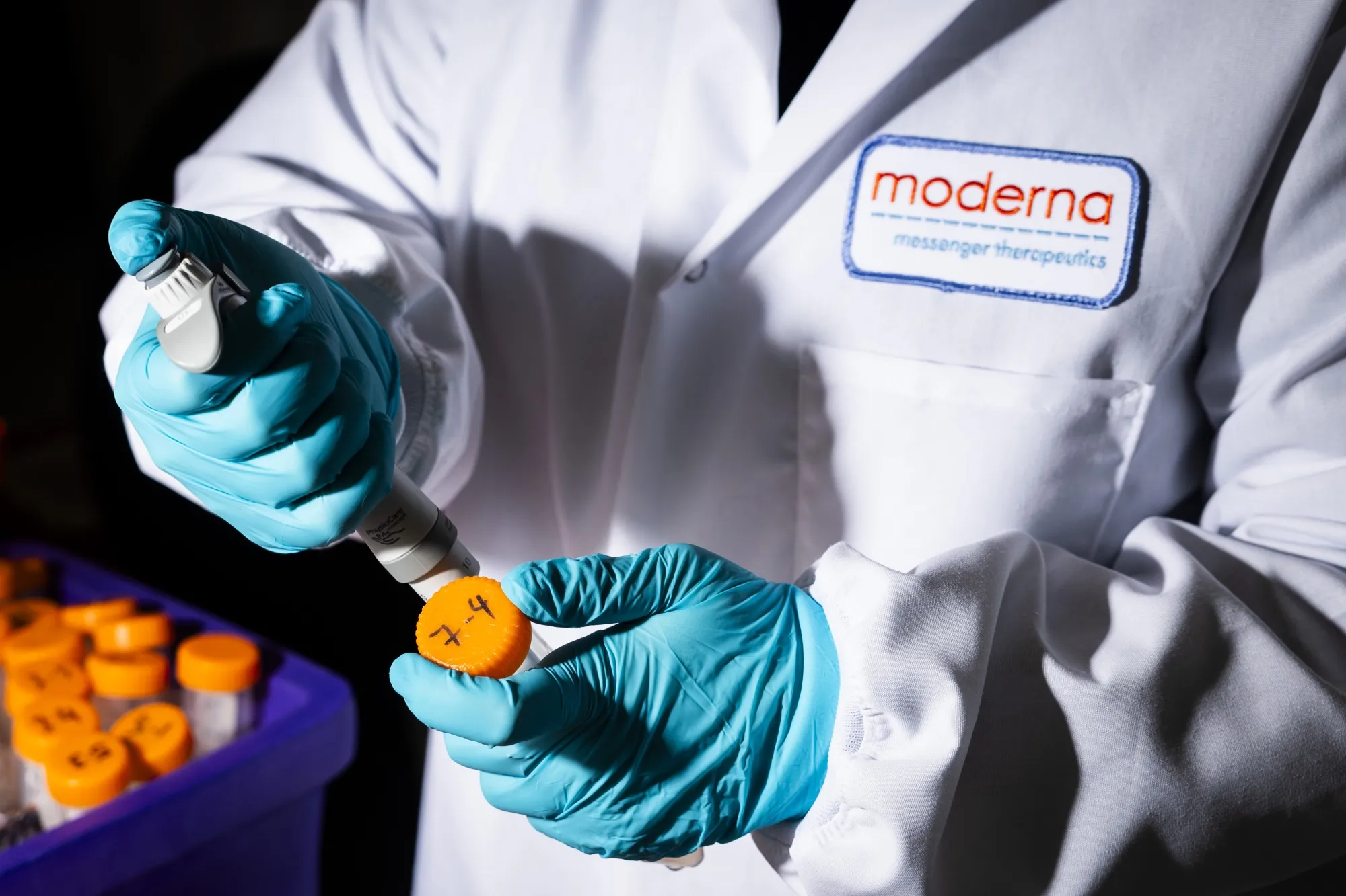 A researcher works in the lab at the Moderna Inc. headquarters in Cambridge, Massachusetts.