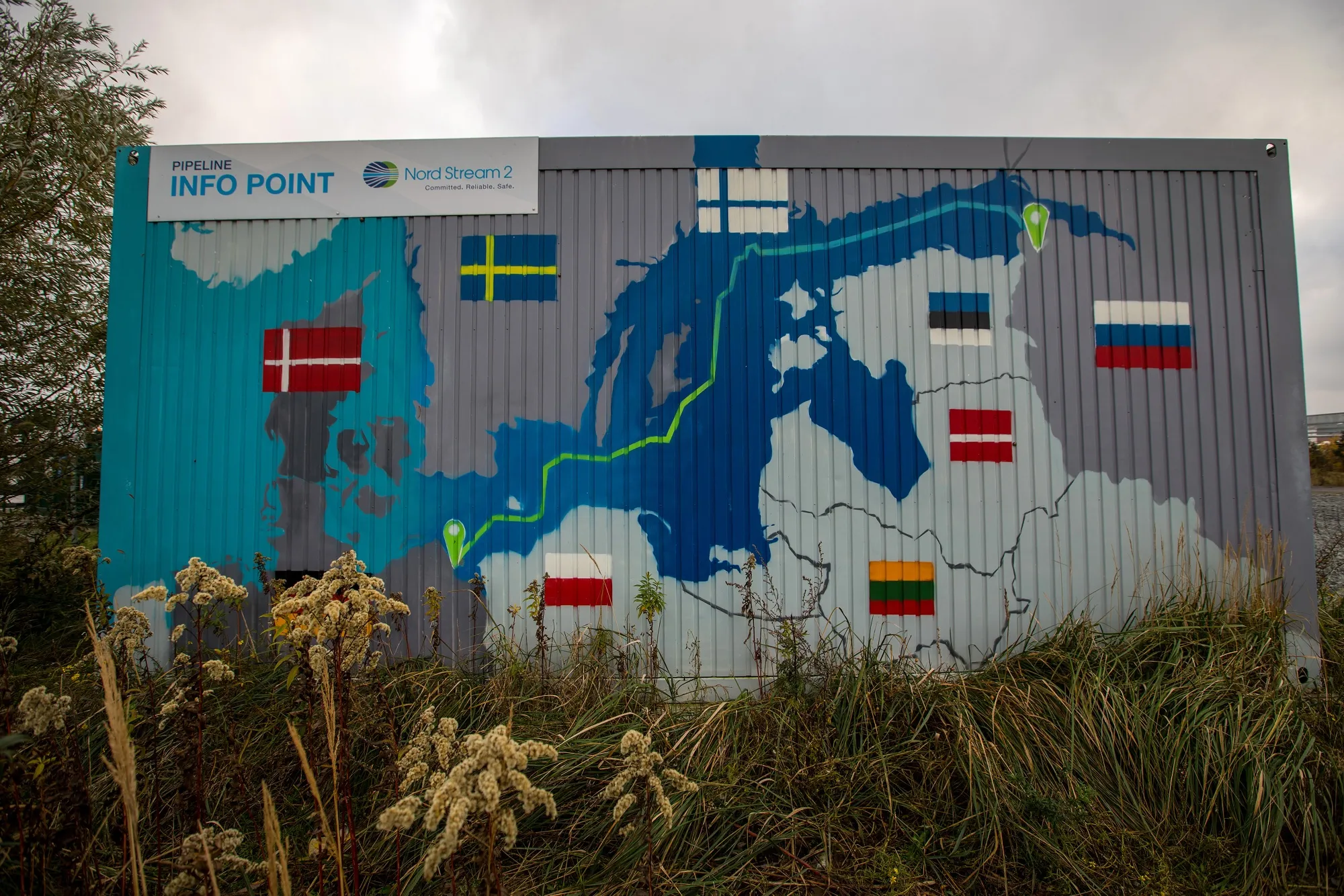 A pipeline route map near the Nord Stream 2 gas receiving station in Lubmin, Germany.