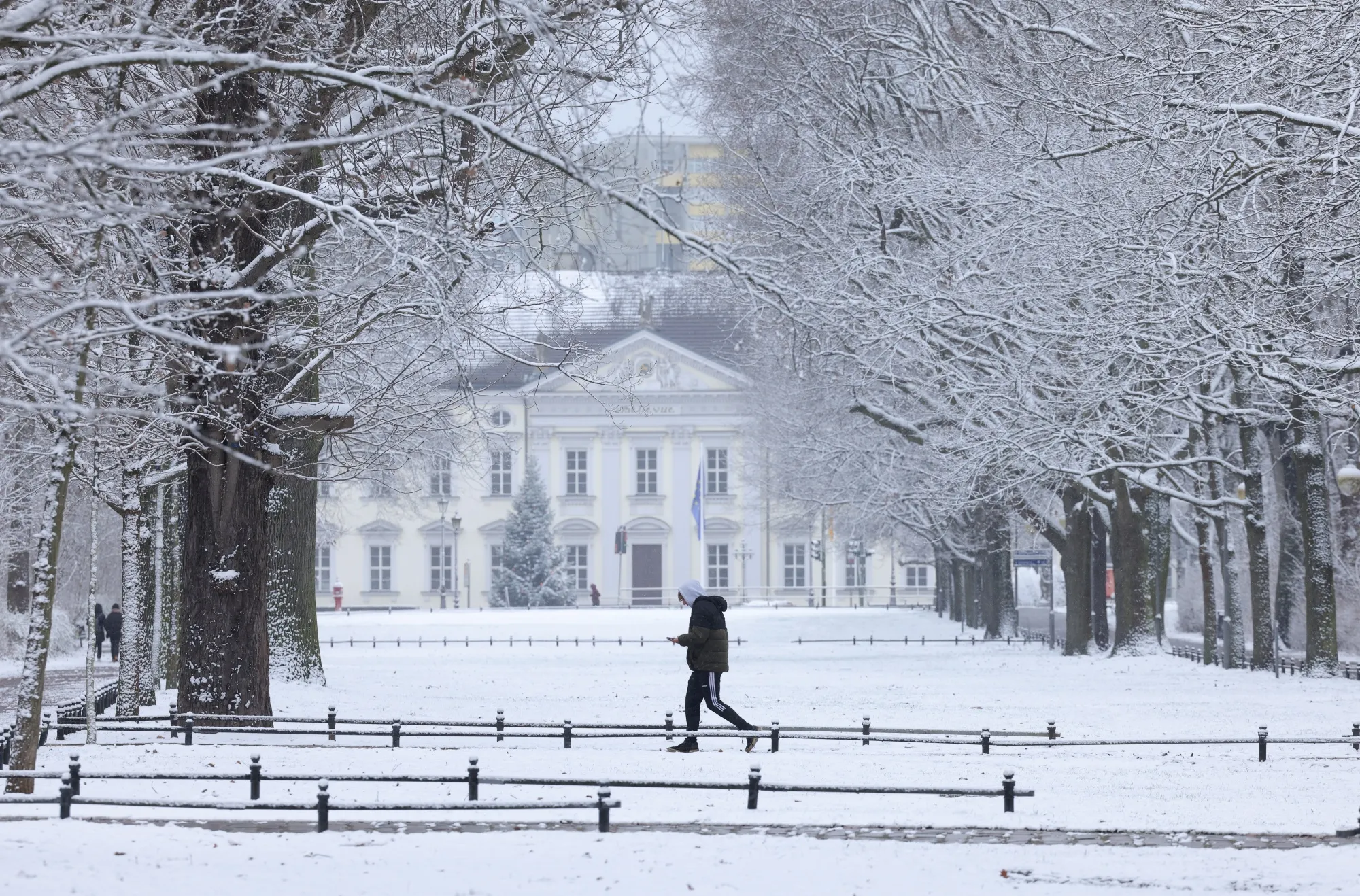 Tiergarten park with&nbsp;Schloss Bellevue behind following snowfall in Berlin.&nbsp;