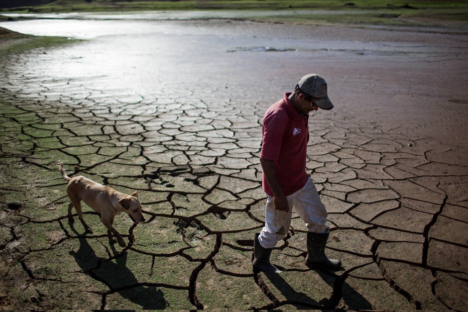 A resident walks with a dog across the drying bottom of the Paraibuna dam, part of the Cantareira water system that provides greater Sao Paulo with most of its water.