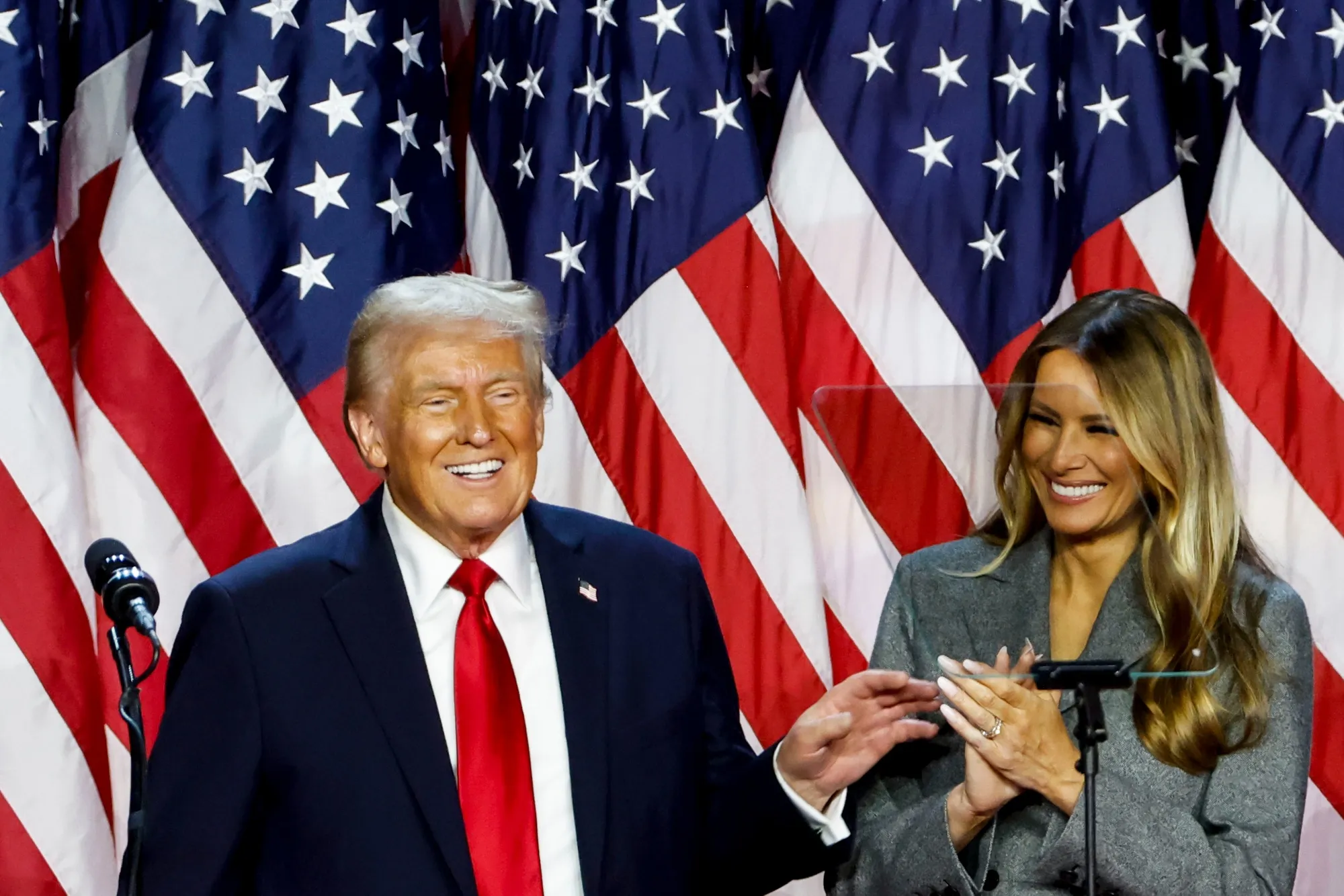 Donald Trump, left, and Lady Melania Trump during an election night event at the Palm Beach Convention Center in West Palm Beach, Florida, US