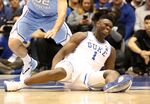 Zion Williamson reacts after falling as his shoe breaks in the first half of a game in Durham, North Carolina&nbsp;on Feb.&nbsp;20, 2019.