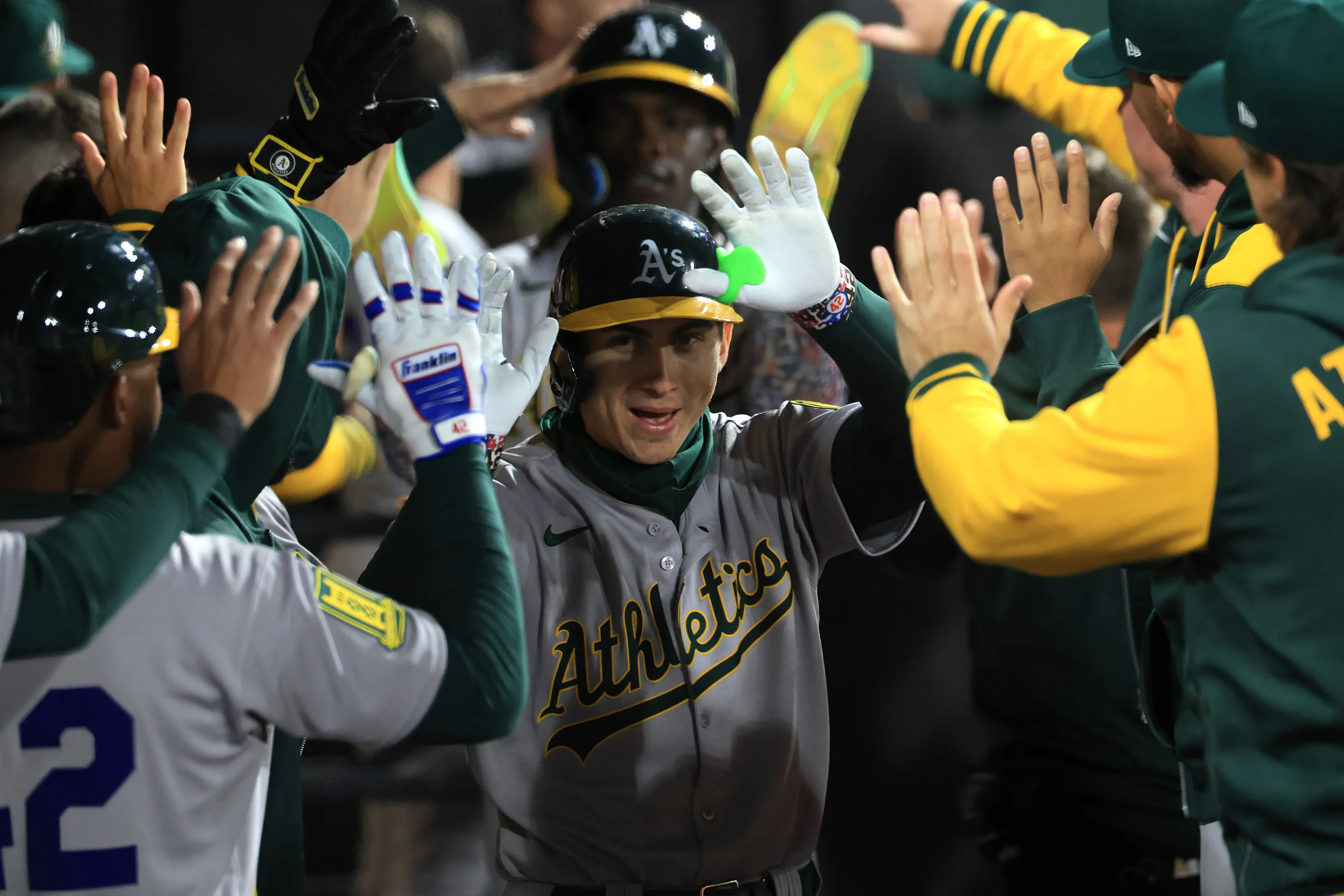 Tyler Soderstrom of the Athletics celebrates his three-run home run&nbsp;against the Chicago White Sox&nbsp;in Chicago on April 15.