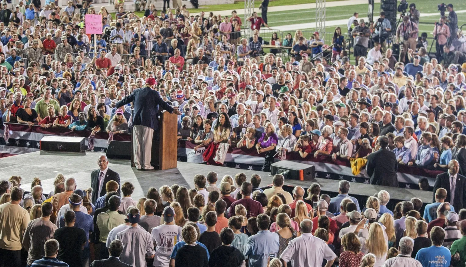MOBILE, AL- AUGUST 21: Republican presidential candidate Donald Trump speaks during a rally at Ladd-Peebles Stadium on August 21, 2015 in Mobile, Alabama. The Trump campaign moved tonight's rally to a larger stadium to accommodate demand.
