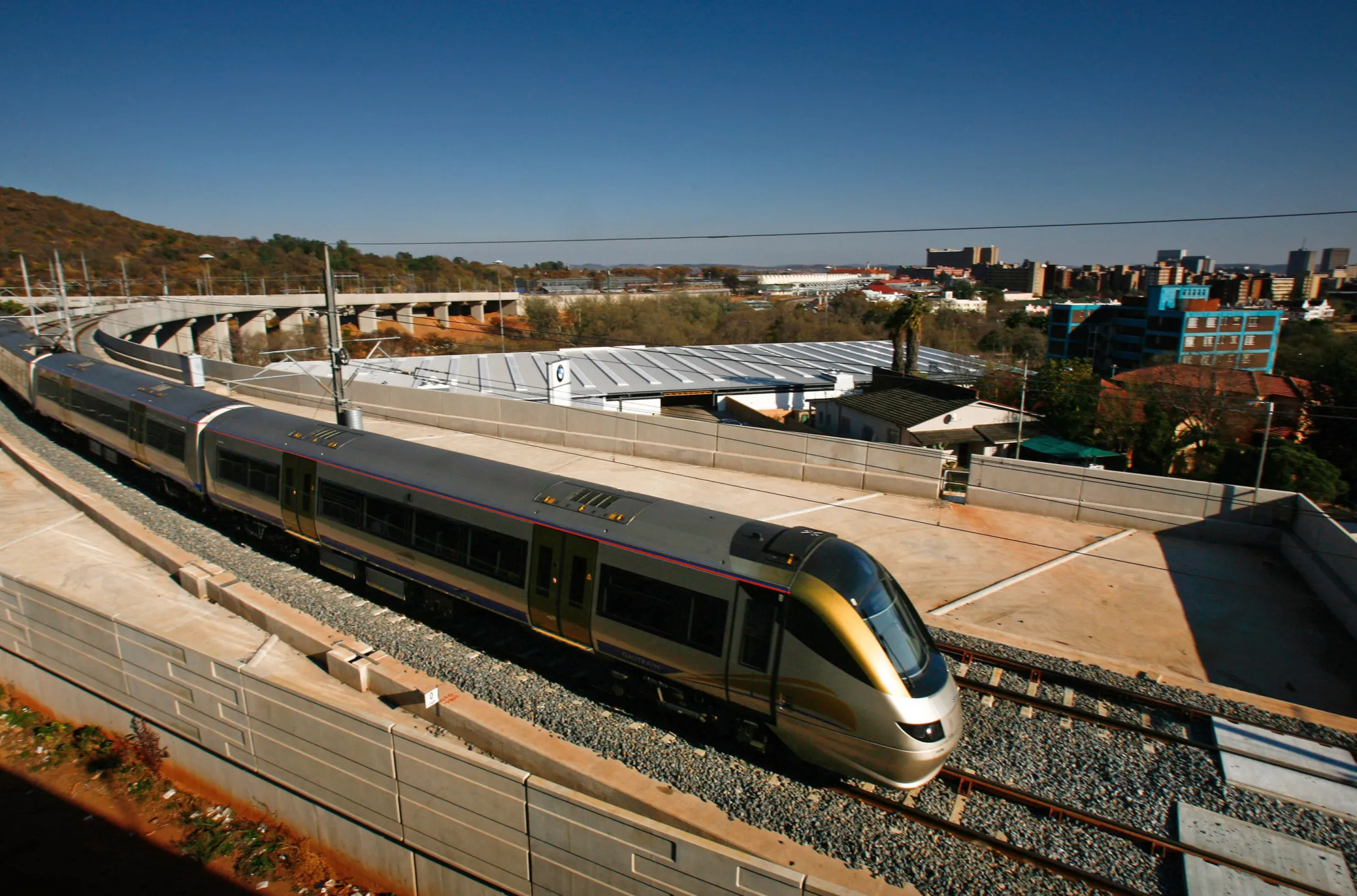 A Gautrain passenger train travels through the outskirts of Pretoria.