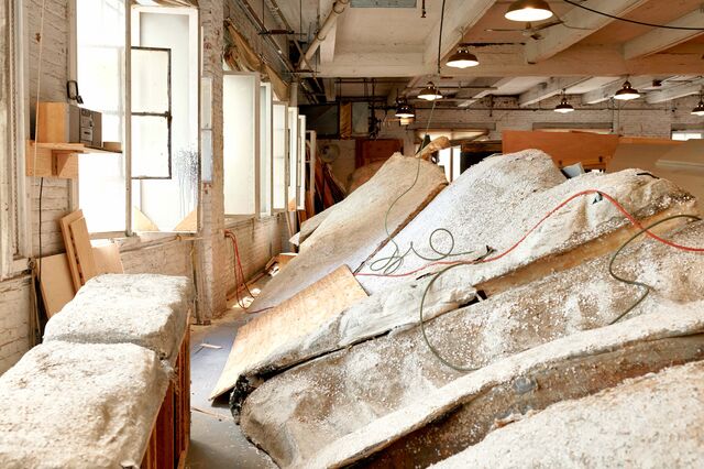 Snow banks under construction at a warehouse for Met Opera's, La Boheme.