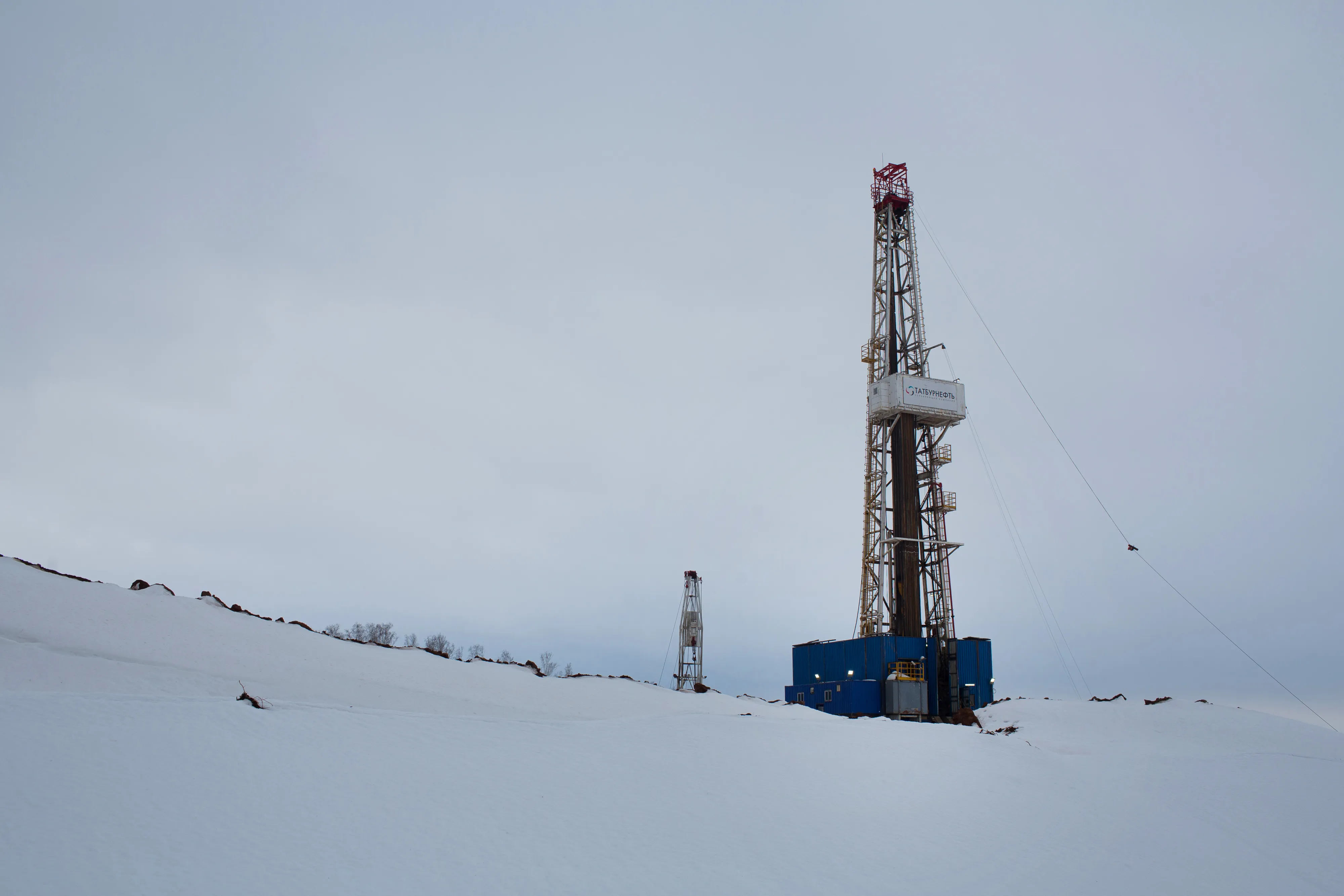 An oil drilling rig, operated by Tatneft PJSC, stands on an oilfield near Almetyevsk, Tatarstan, Russia.