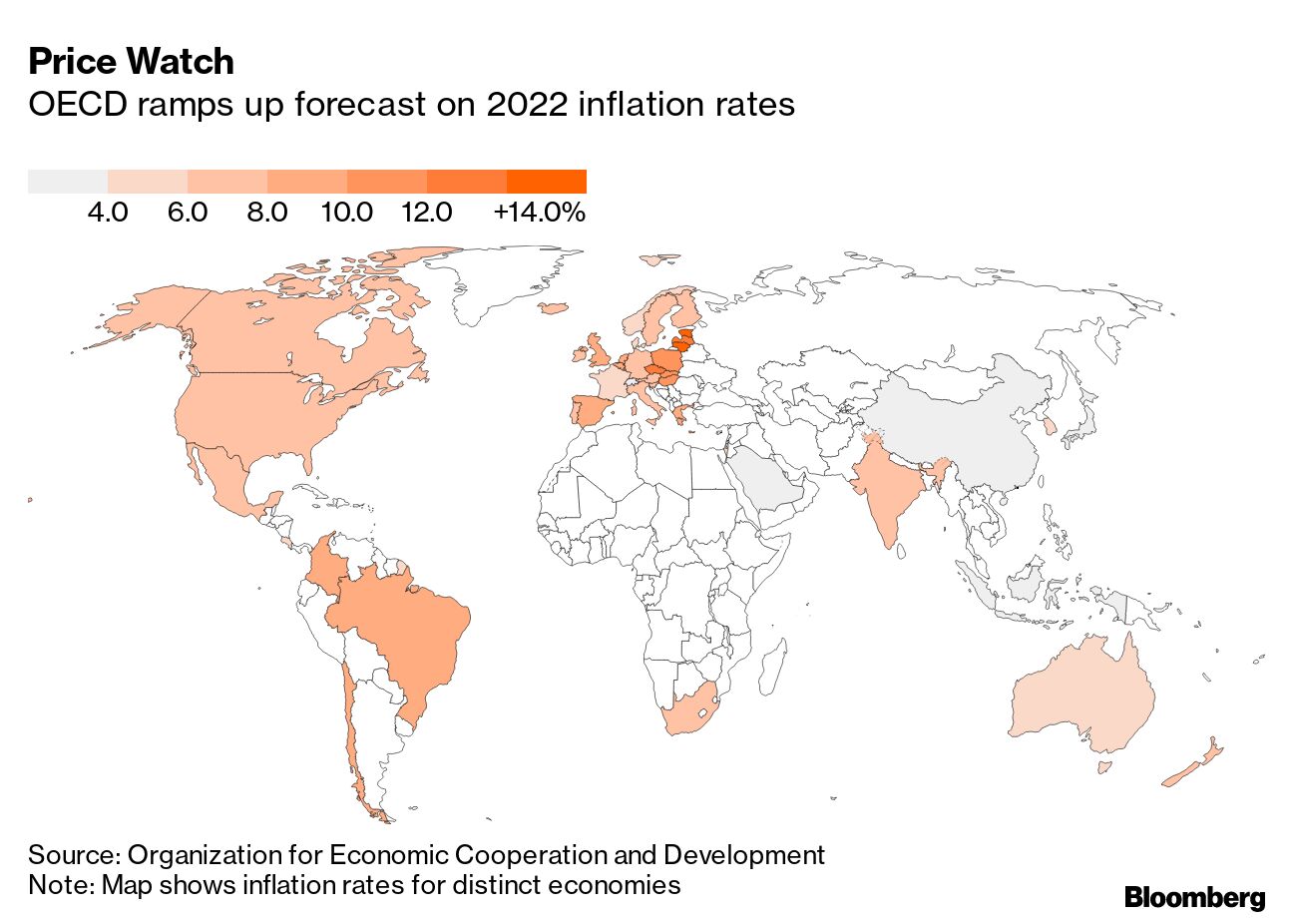OECD経済見通し、成長率大幅下方修正－インフレ予想ほぼ2倍