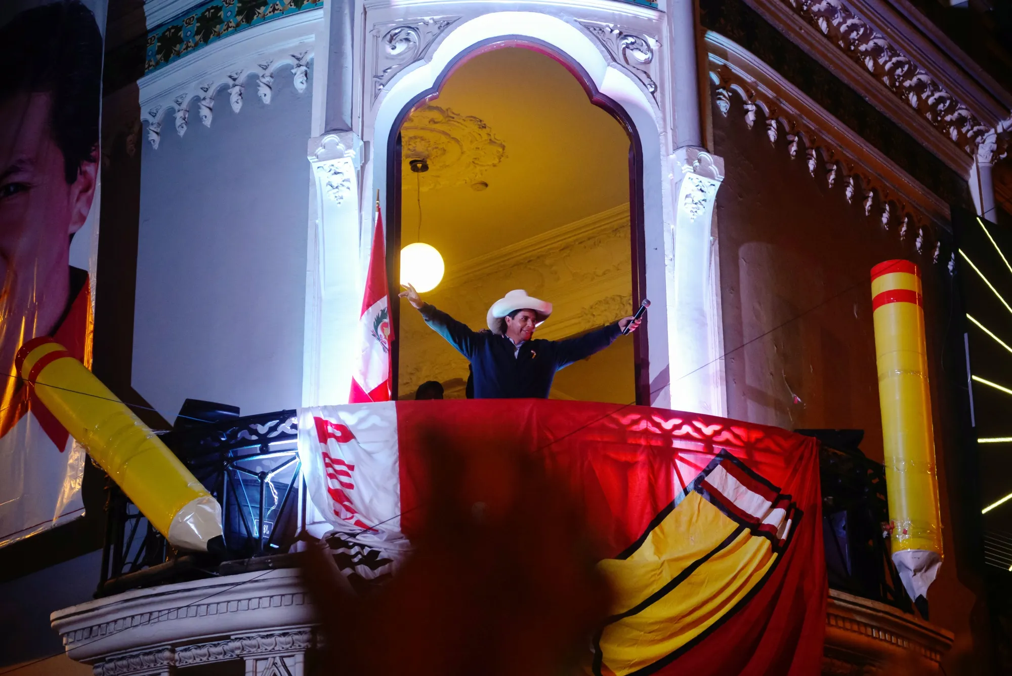 Pedro Castillo, presidential candidate for the Peru Libre party, waves to supporters in Lima, Peru, on Thursday, June 10, 2021.