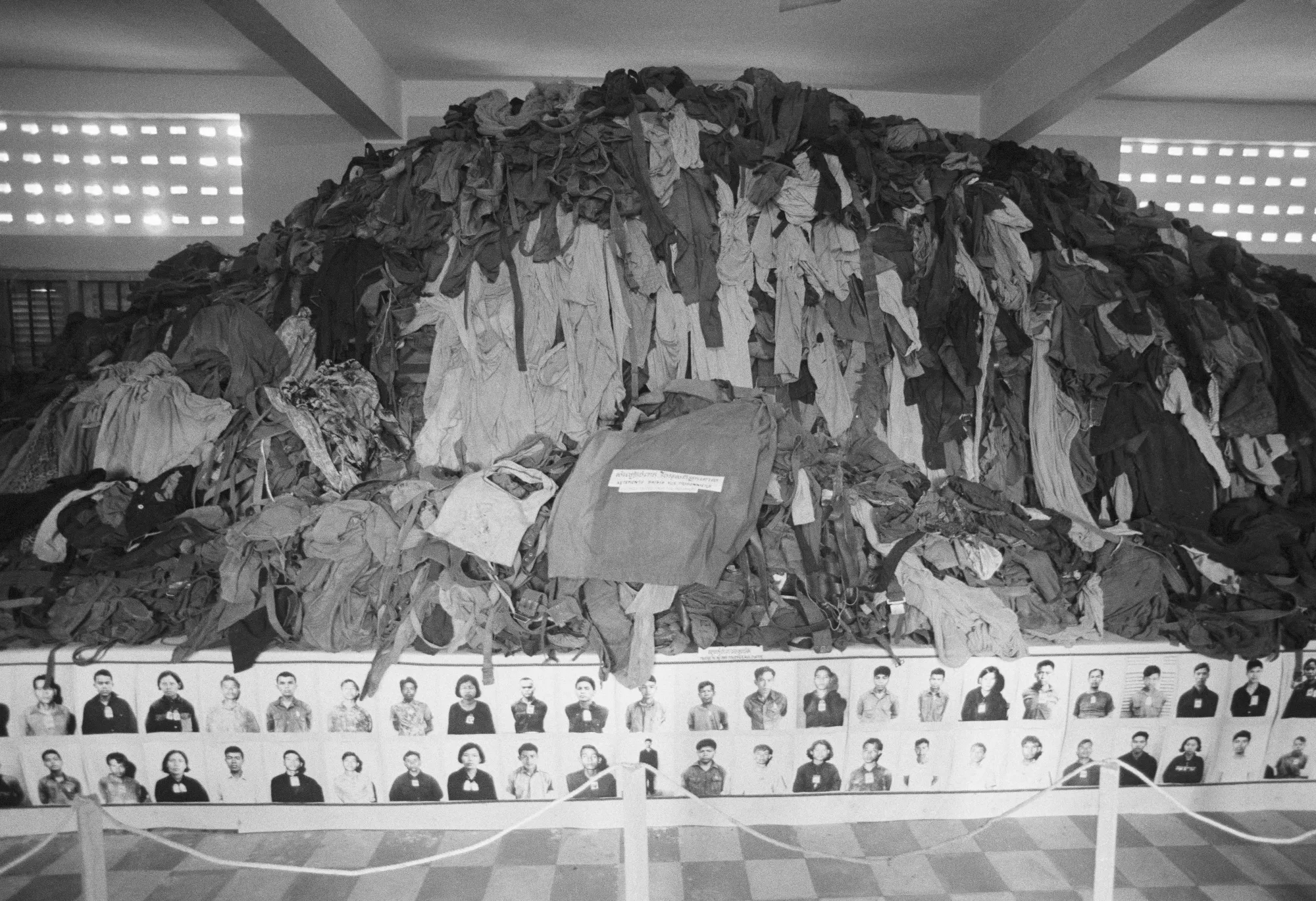 Photographs and clothing of prisoners at Tuol Sleng, a Phnom Penh high school turned into a prison by Pol Pot’s Khmer Rouge regime. It is now a museum.