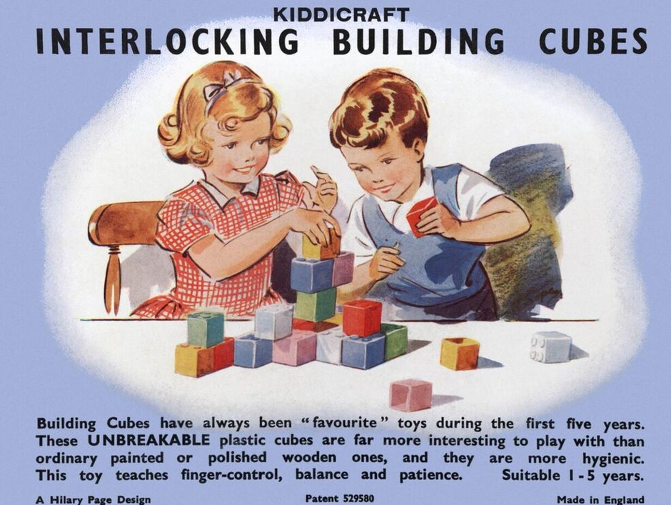 Kiddicraft Interlocking Building Cubes, A Hilary Page Design, box lid. Made in England. 1950.