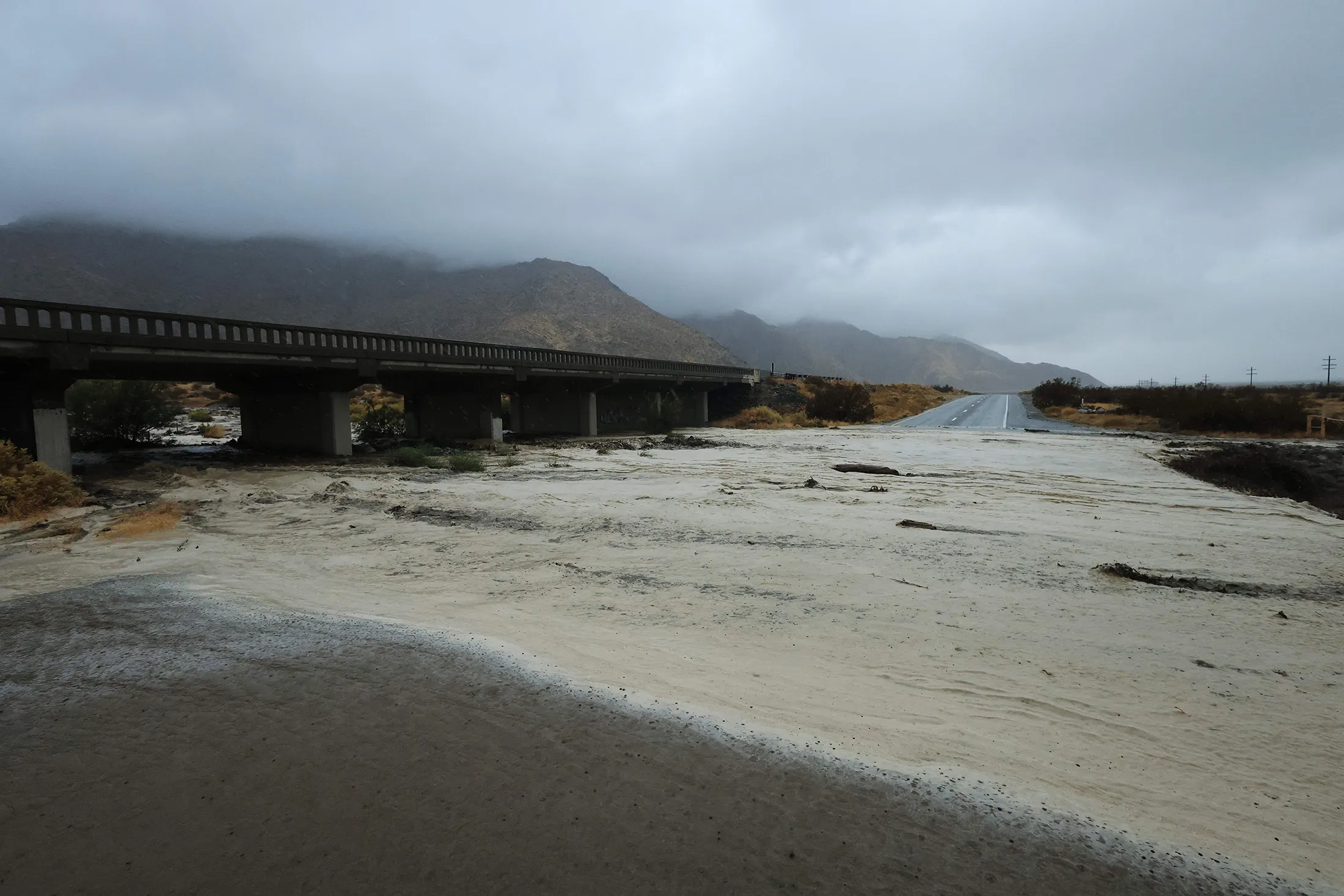 A washed-out road as Tropical Storm Hilary hits&nbsp;Palm Springs, California, on Aug. 20.