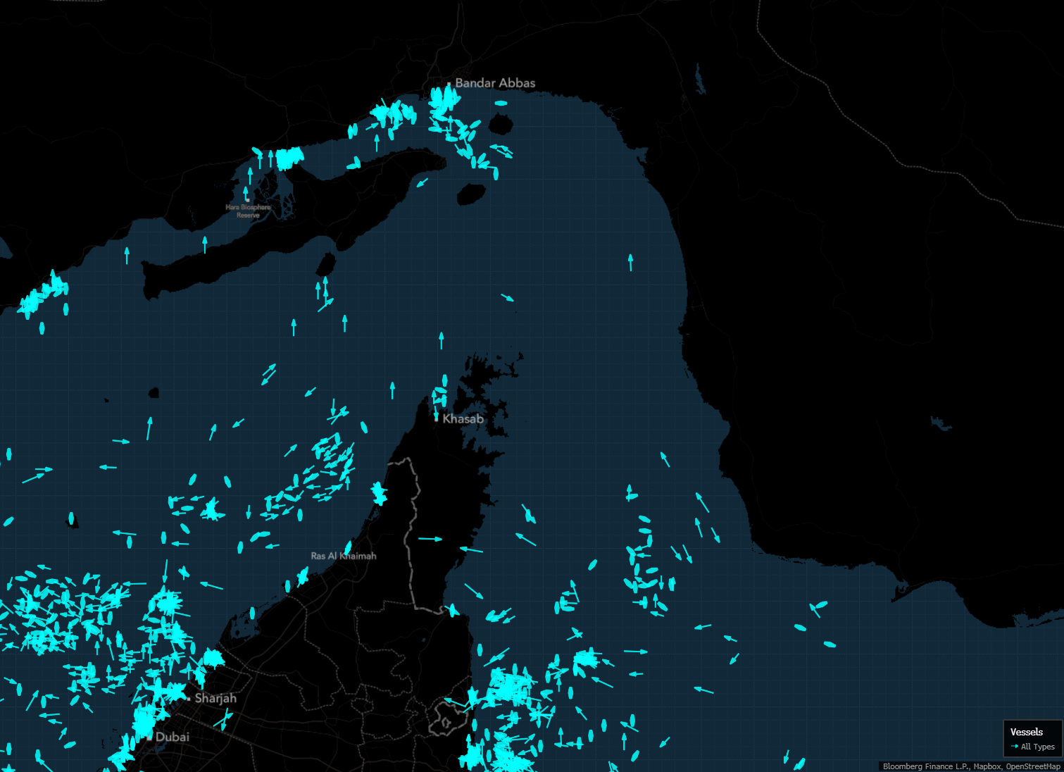 Ships of all types were seen on Wednesday morning clustered on either side of Hormuz, around Dubai in the Persian Gulf and Khor Fakkan in the Gulf of Oman.