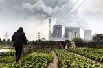 People tend to vegetables growing in a field as emission rises from cooling towers at a coal-fired power station in Tongling, Anhui province, China.