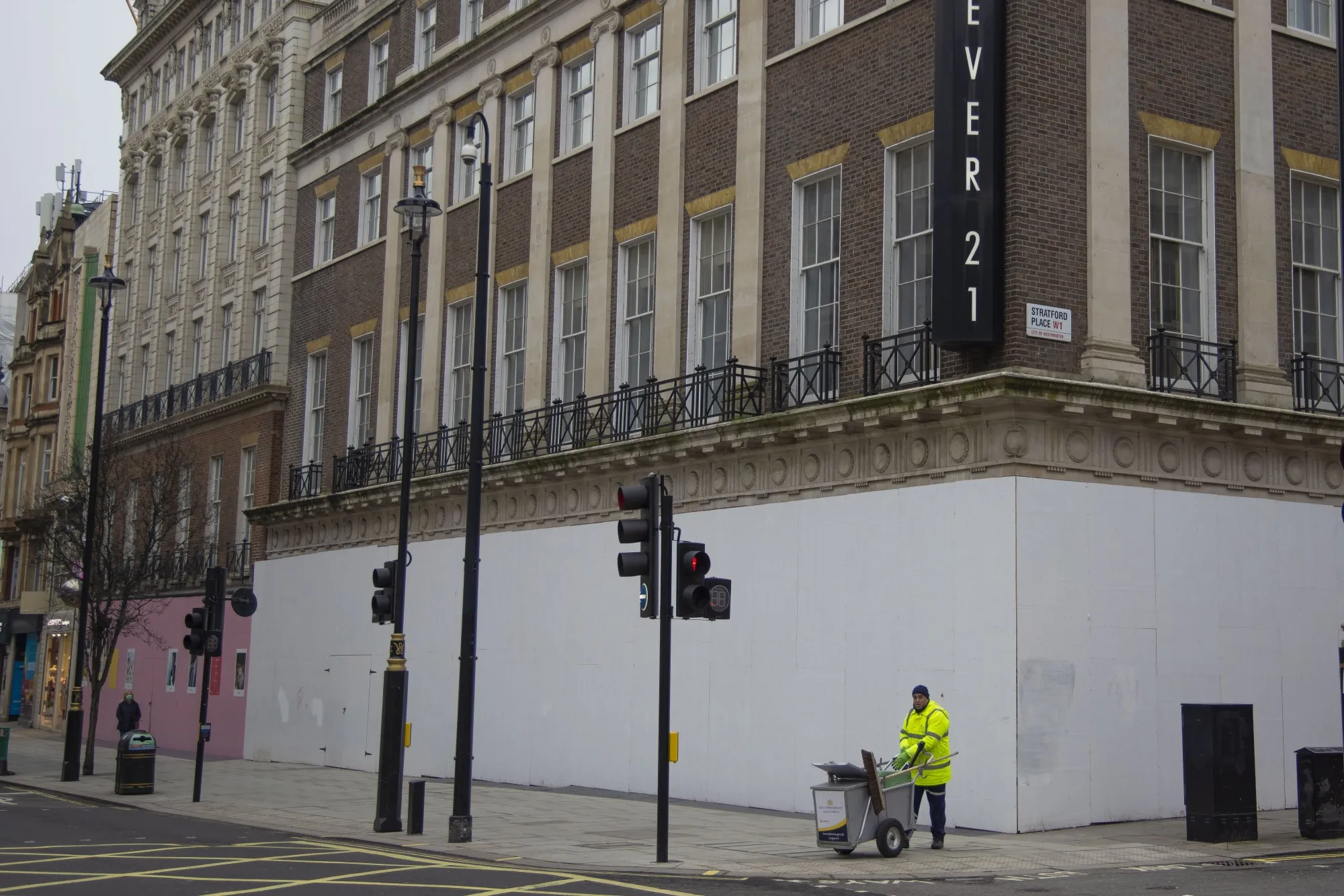 Boarded up stores on Oxford Street in central London, on Feb. 1.
