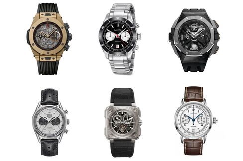 Clockwise from top left: Big Bang Unico Full Magic Gold, Eberhard & Co Contograf, Audemars Piguet Royal Oak Concept Laptimer Michael Schumacher, Longines Column-Wheel Single Push-Piece Chronograph, Bell & Ross BR-X1 Tourbillon Chronograph, TAG Heuer Carrera Calibre 18