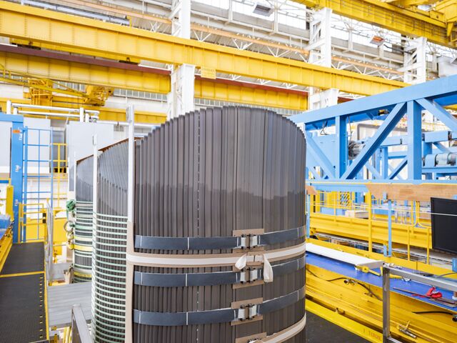 The stack of steel sheets is twisted to create a three-limb steel core.