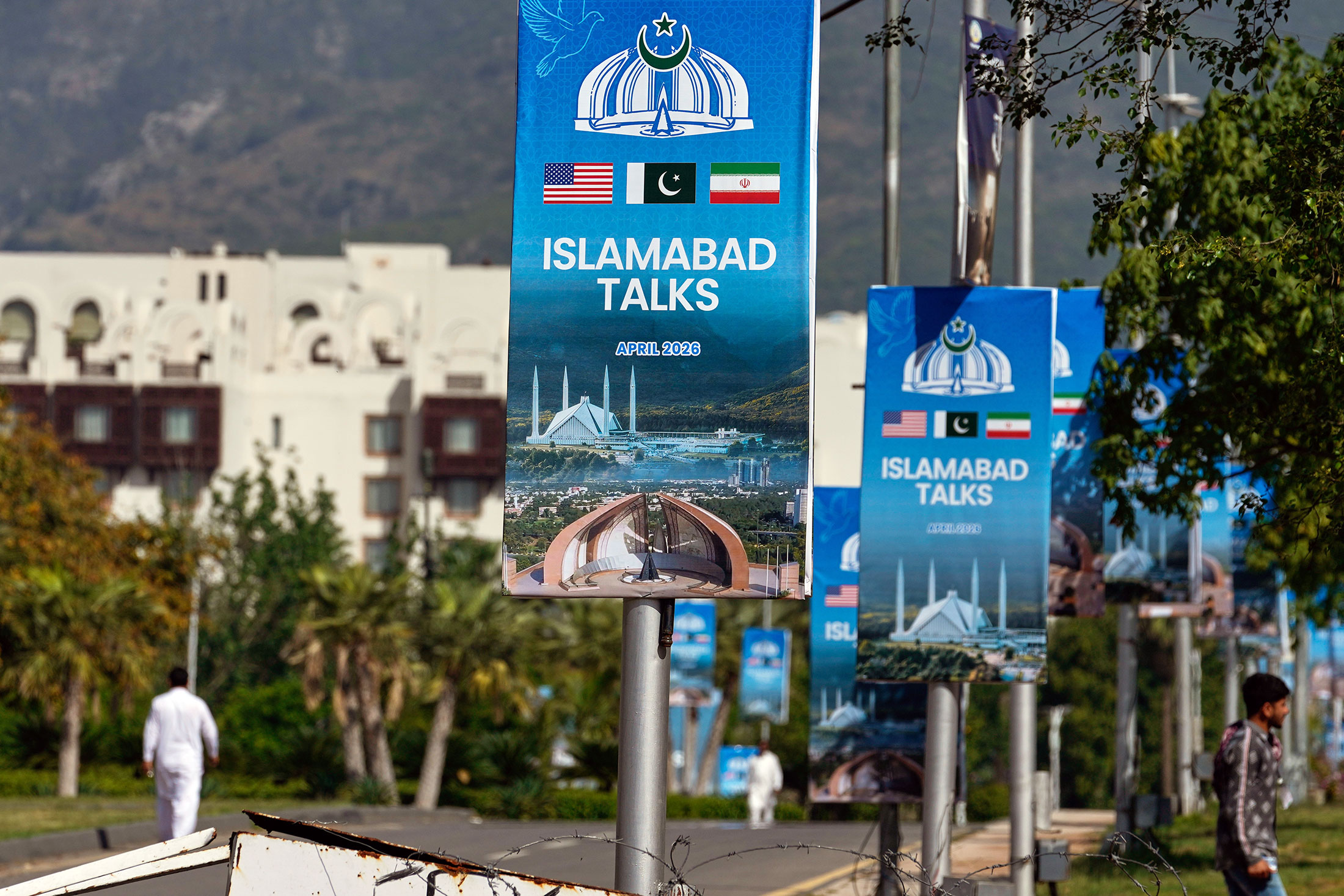 Billboards near the Serena Hotel ahead of a possible second round of US–Iran talks, in Islamabad, on April 20. Photographer: Anjum Naveed/AP Photo