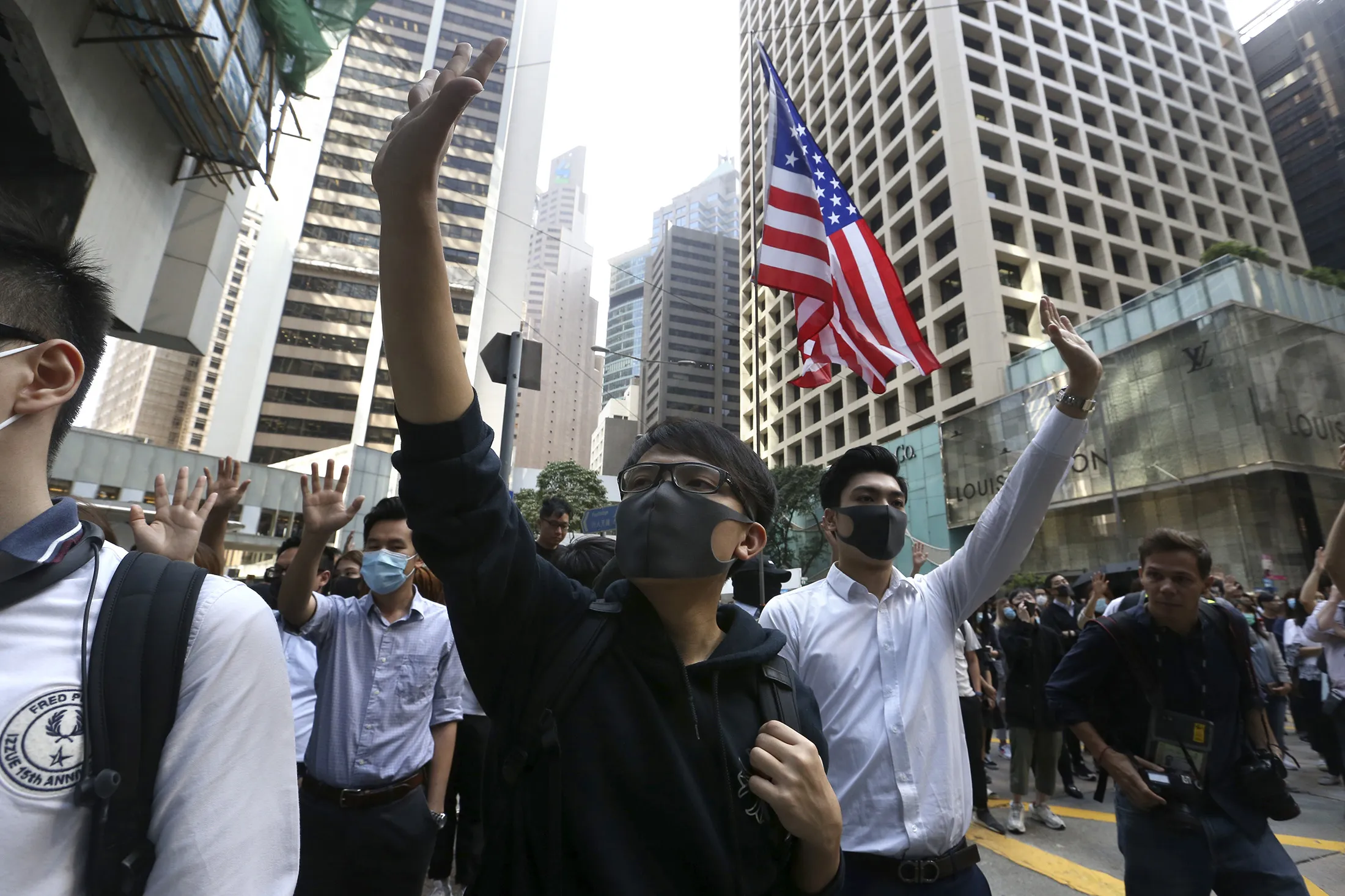 Demonstrators gather during a protest in the financial district in Hong Kong on Nov. 15