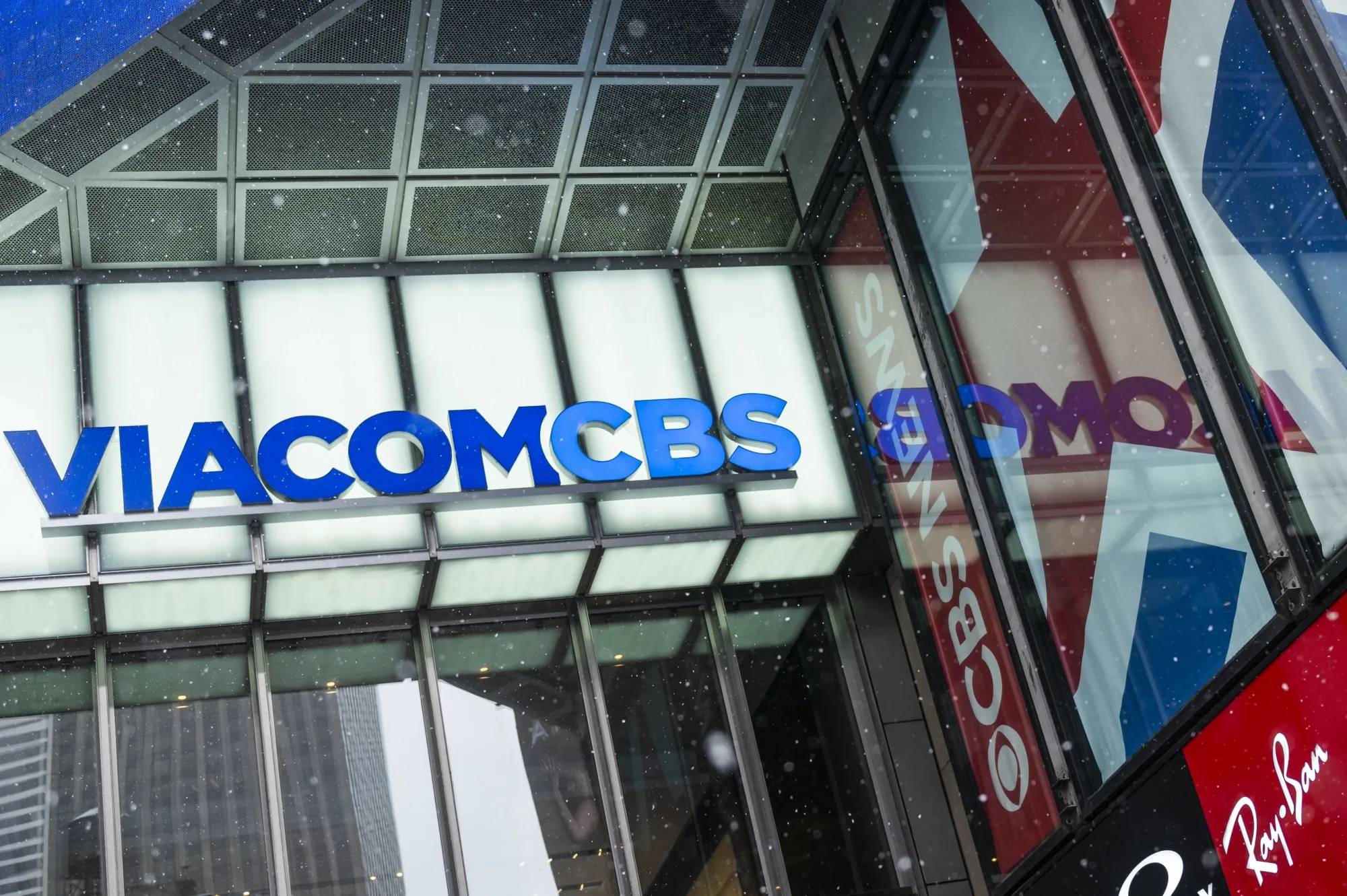 Signage on the ViacomCBS headquarters during a winter storm in New York, U.S., on Friday, Feb. 19, 2021.&nbsp;