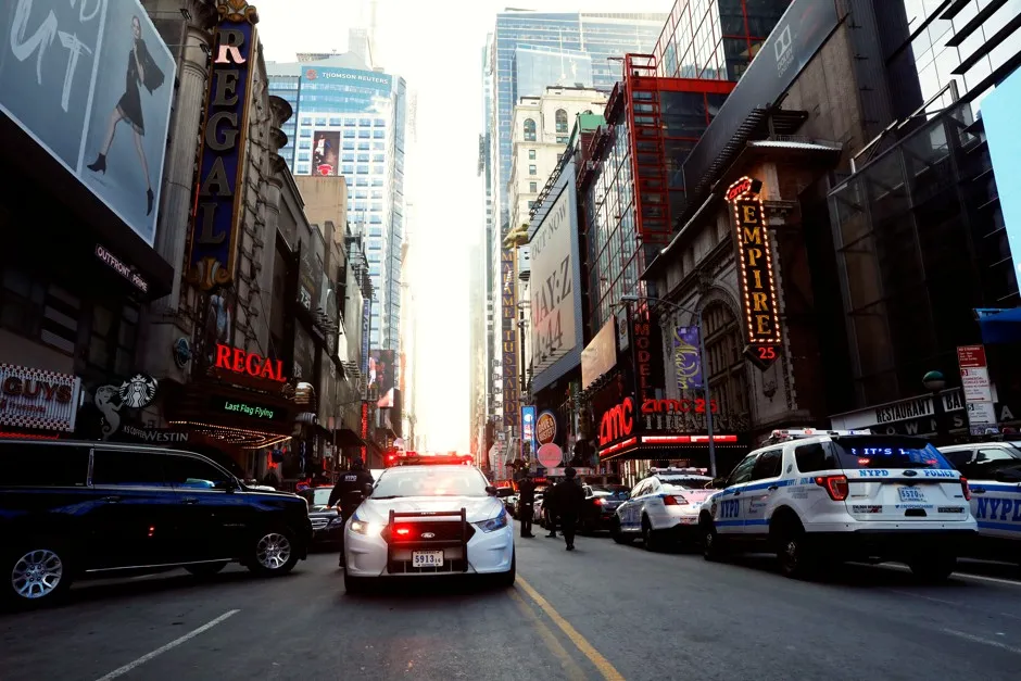 Police cars outside the New York Port Authority Bus Terminal in New York City