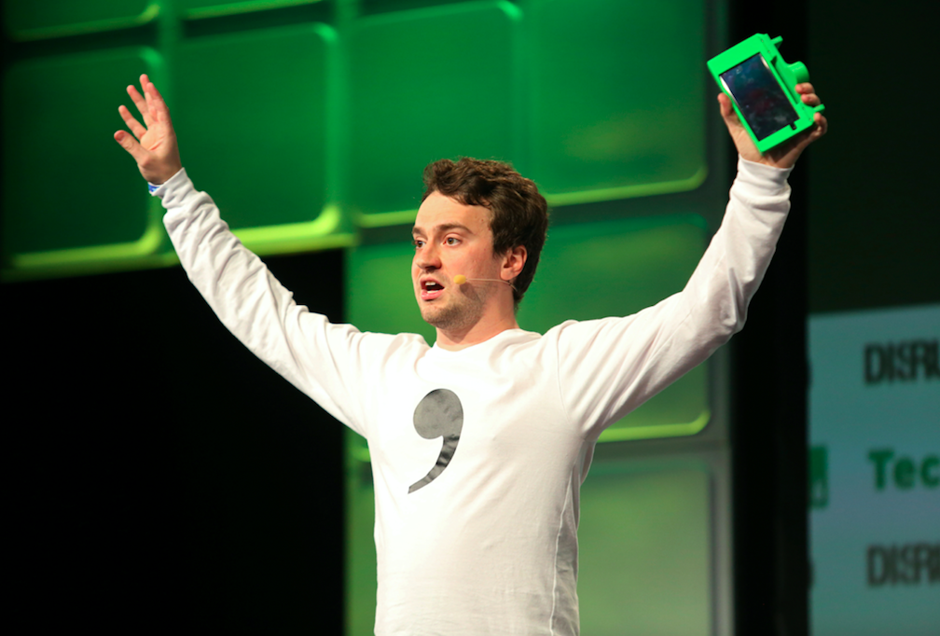 Shout it from the mountaintops: George Hotz announces Open Pilot at a Tech Crunch conference in 2016. 