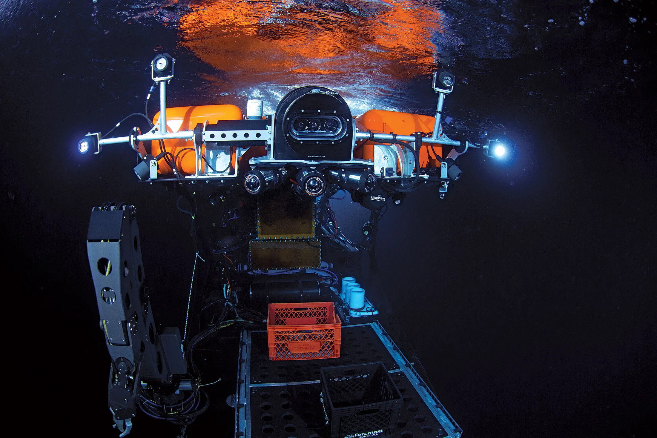 An ROV prepares to descend into the abyss off the coast of New Zealand.
