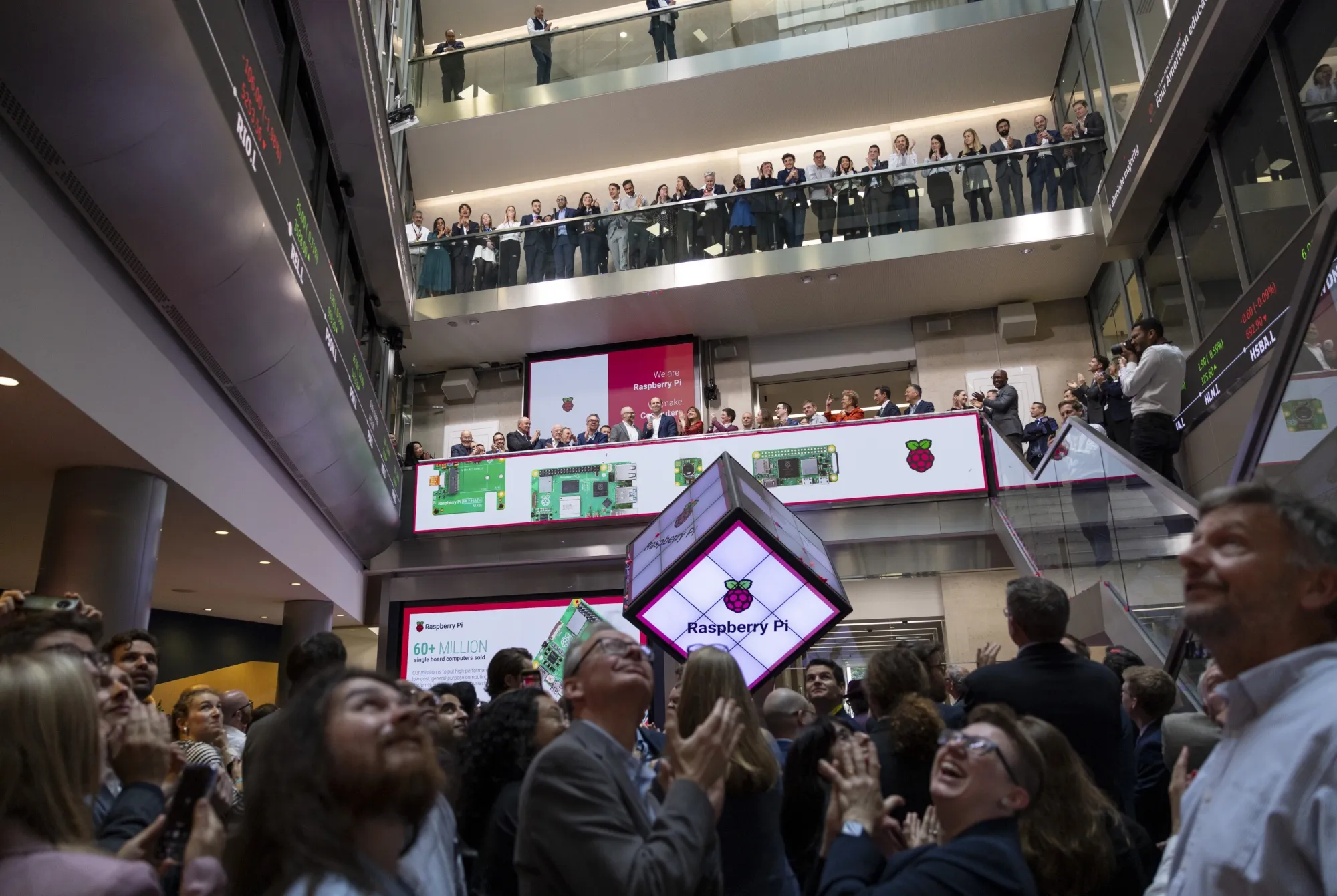 Attendees at the bell-ringing ceremony for the Raspberry Pi Ltd. trading debut on the London Stock Exchange on June 11.