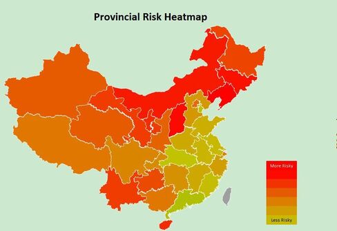 Map of provinces’ vulnerability to financial risks, based on fundamental factors (Source: Bloomberg Intelligence)