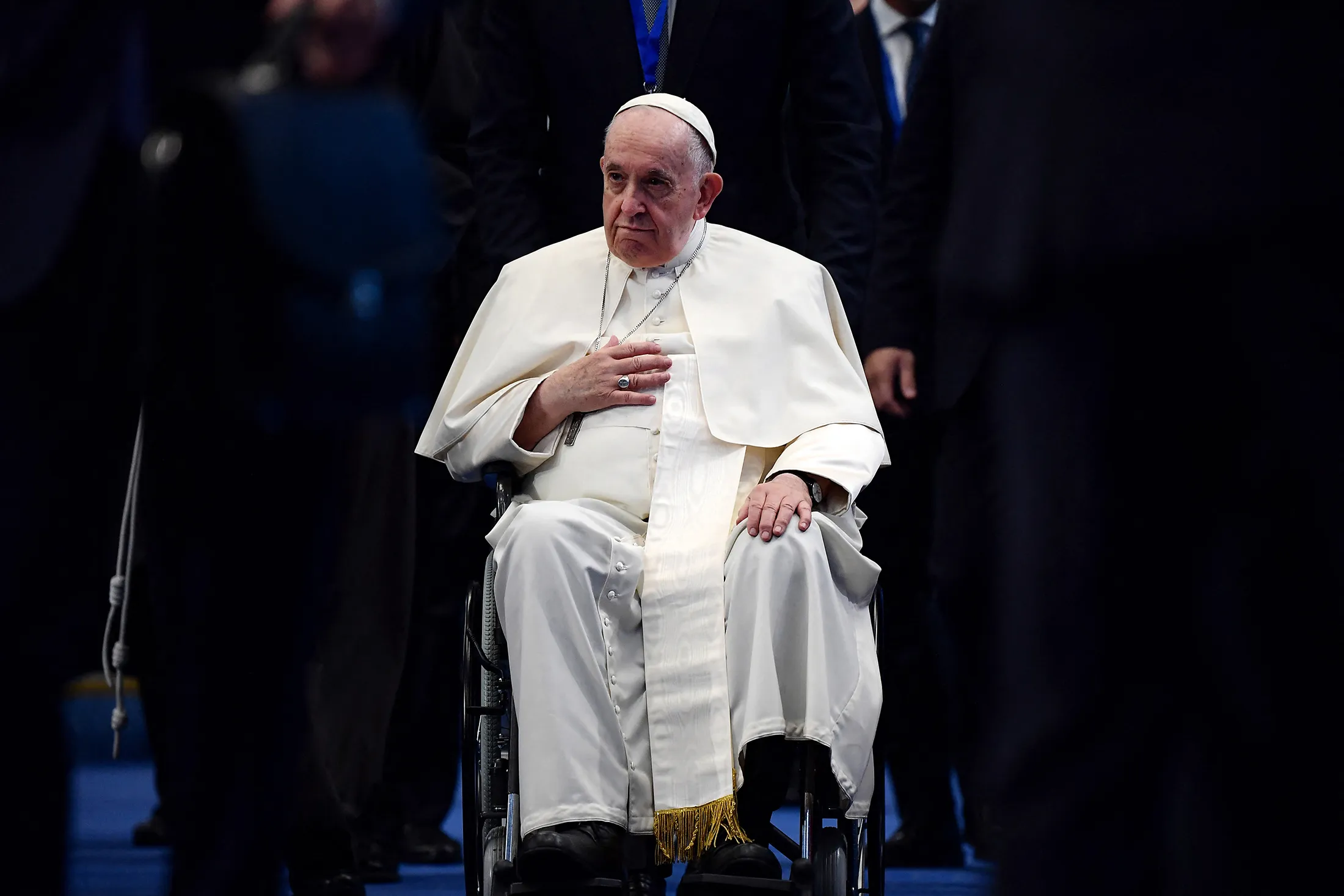 Pope Francis attends the plenary session of the VII Congress of Leaders of World and Traditional Religions at the Palace of Peace and Reconciliation in Nur-Sultan on Sept.&nbsp;14.